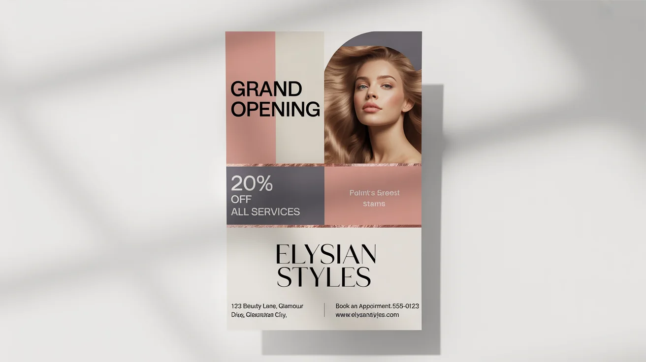 A mockup of a modern and elegant salon flyer for 'Elysian Styles' grand opening, showcasing a special offer and contact details on a clean white background.