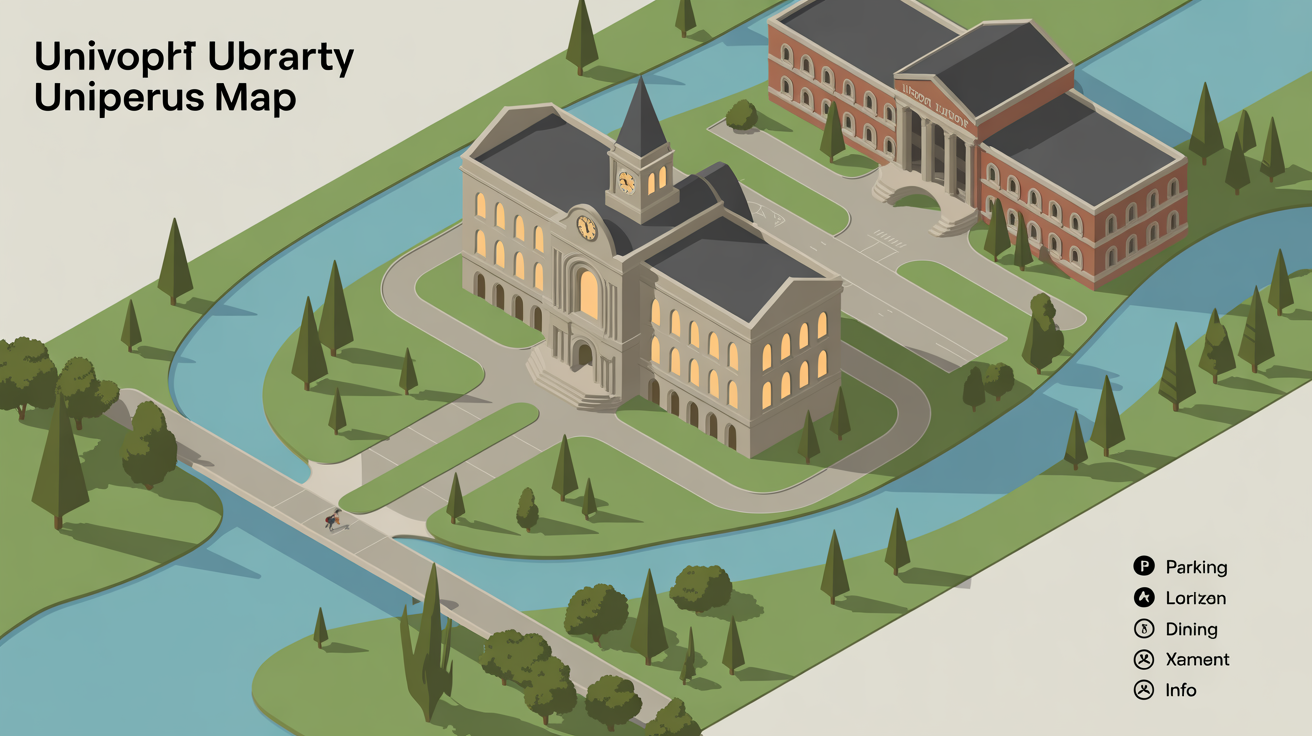 A professionally designed isometric campus map showing labeled university buildings, green spaces, pathways, and a simple legend in a bright, modern, and user-friendly style.