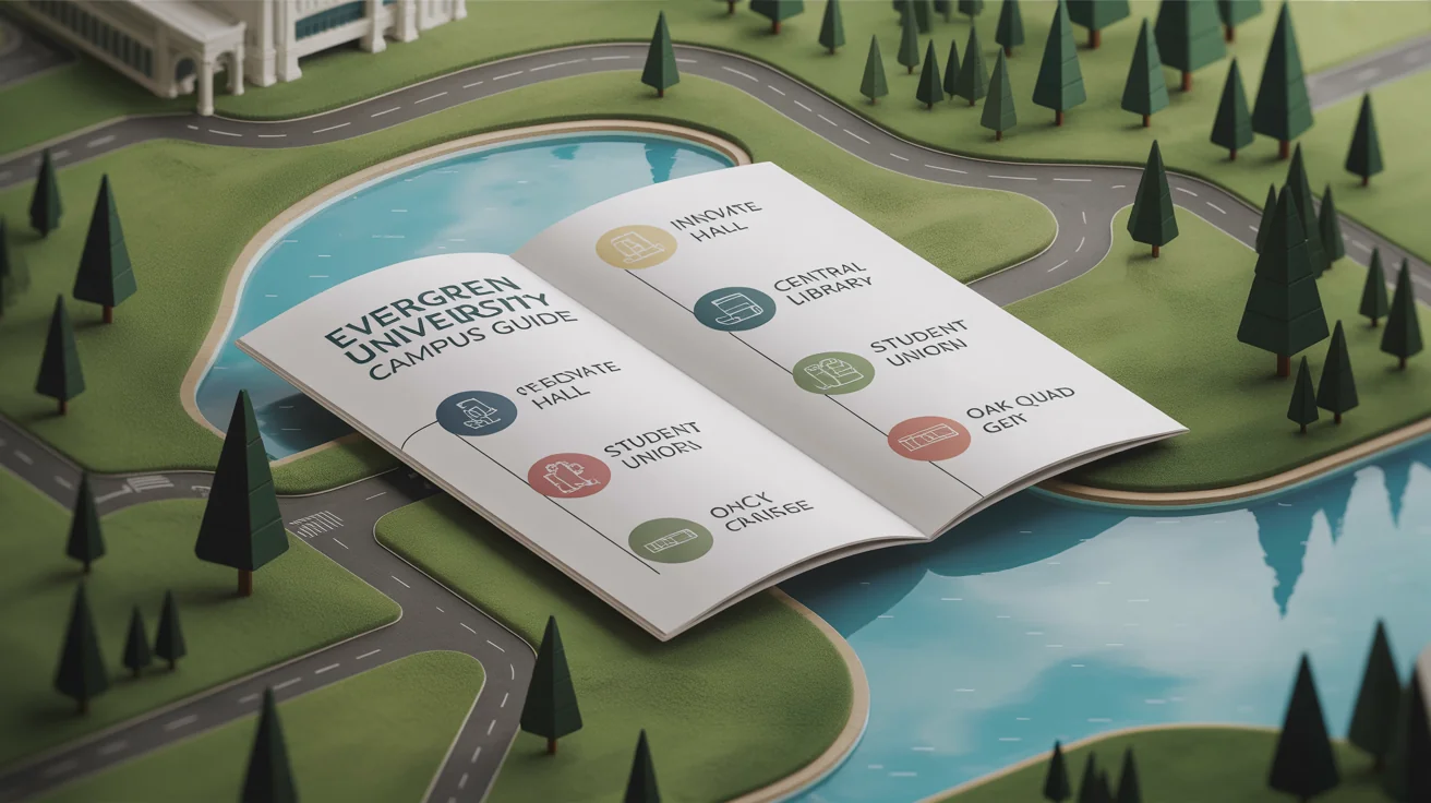 A mockup of a beautifully designed campus map for 'Evergreen University', featuring stylized isometric buildings, green spaces, and clear labels against a white background.