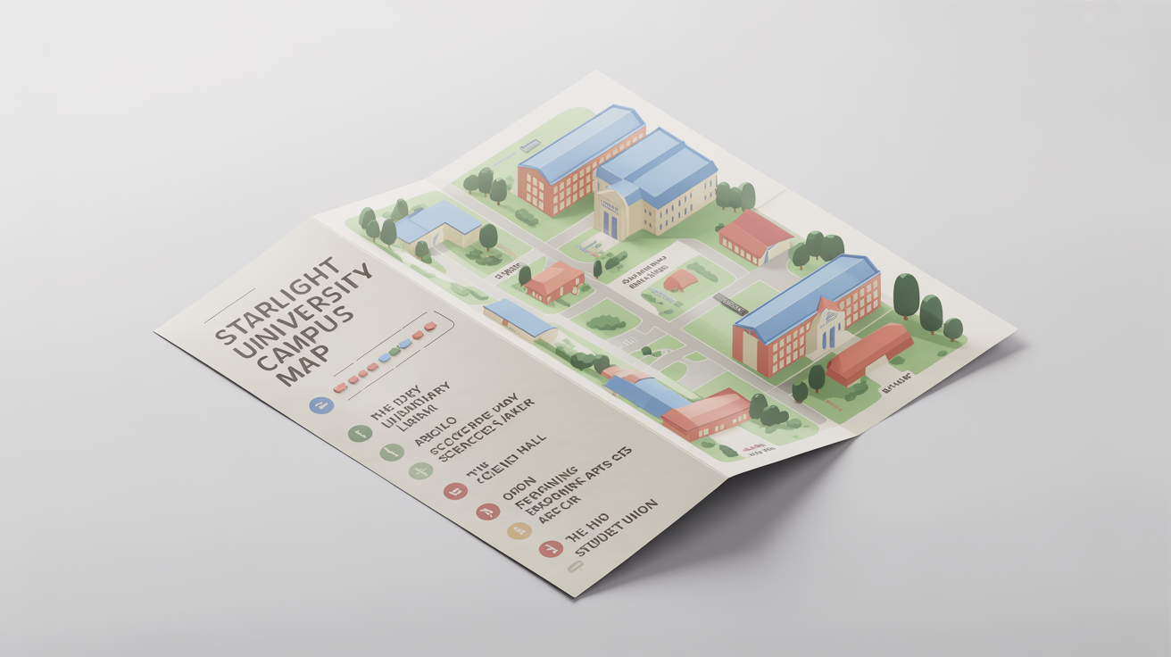 A mockup of a beautifully designed, modern campus map for 'Starlight University', laid out on a plain white background, featuring colorful, stylized buildings and clear text labels.