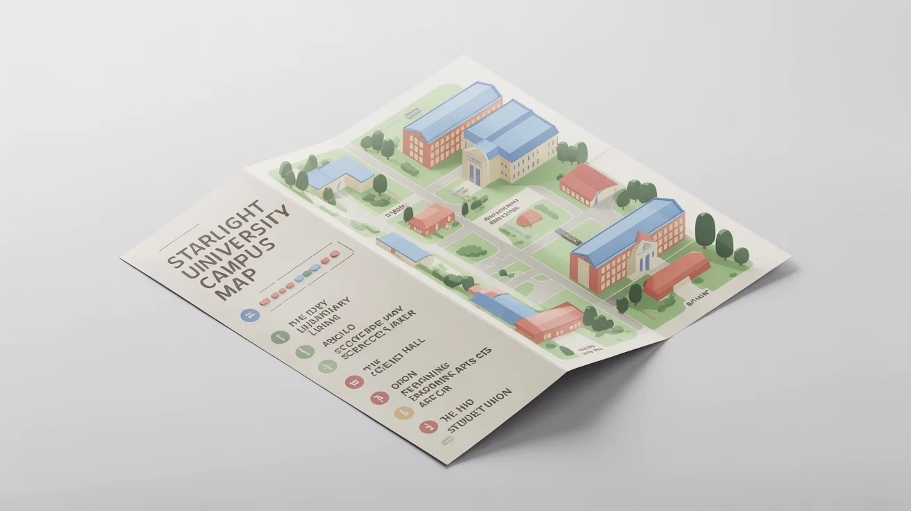 A mockup of a beautifully designed, modern campus map for 'Starlight University', laid out on a plain white background, featuring colorful, stylized buildings and clear text labels.