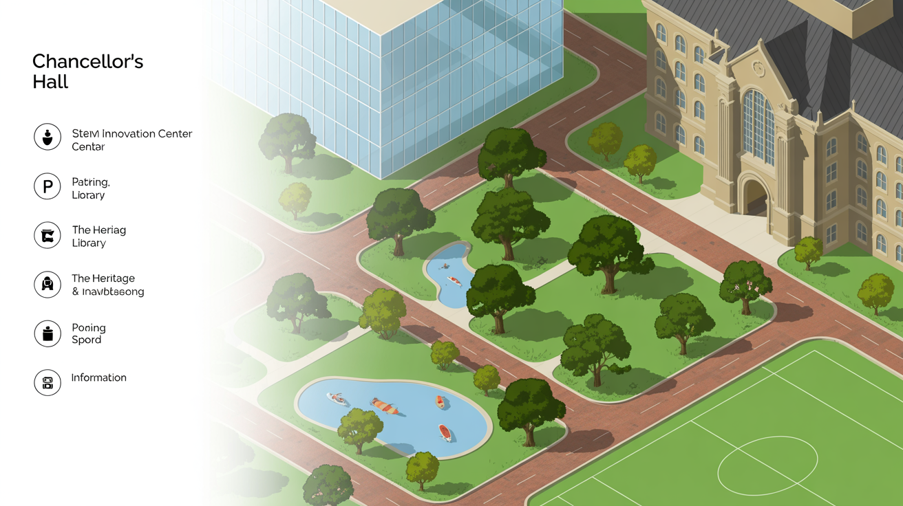 A colorful and modern isometric 3D illustration of a university campus map on a white background, showing labeled buildings, pathways, and green spaces.