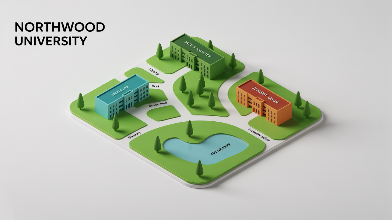 A stylized and colorful campus map of the fictional 'Northwood University', showing labeled buildings like the Library and Student Union, pathways, and green spaces on a white background.
