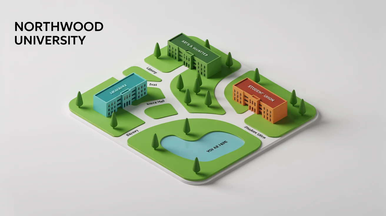 A stylized and colorful campus map of the fictional 'Northwood University', showing labeled buildings like the Library and Student Union, pathways, and green spaces on a white background.
