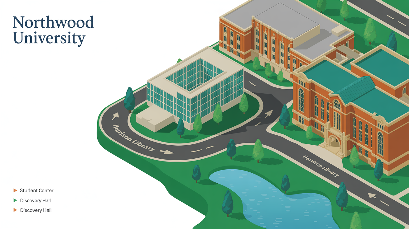 A colorful, modern isometric design of a university campus map, showing stylized buildings like the library and student center, green lawns, and clear pathways on a white background.