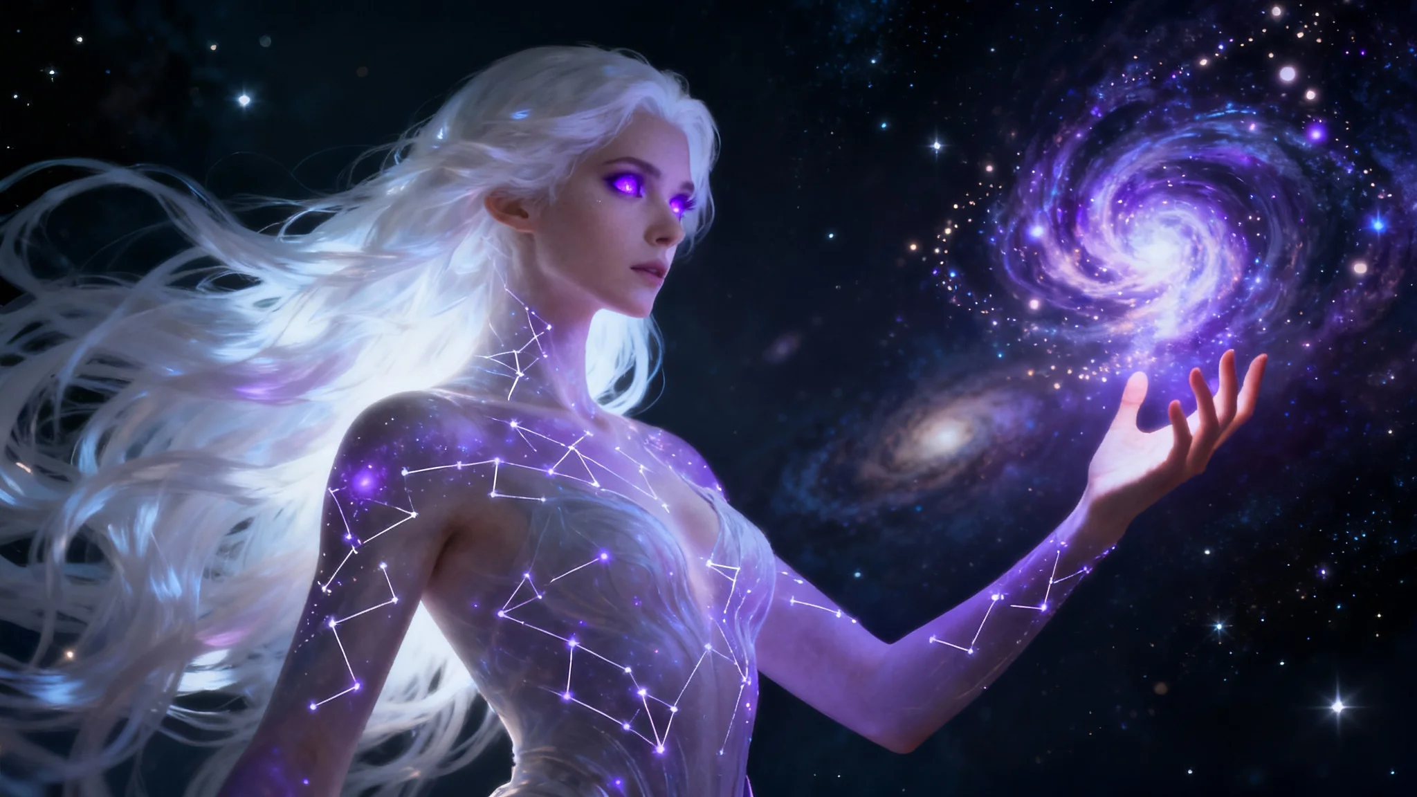 An eye-catching, cinematic hero image of a supernatural sorceress with flowing white hair and glowing violet eyes, casting a swirling purple nebula of magic against a dark, starry background.