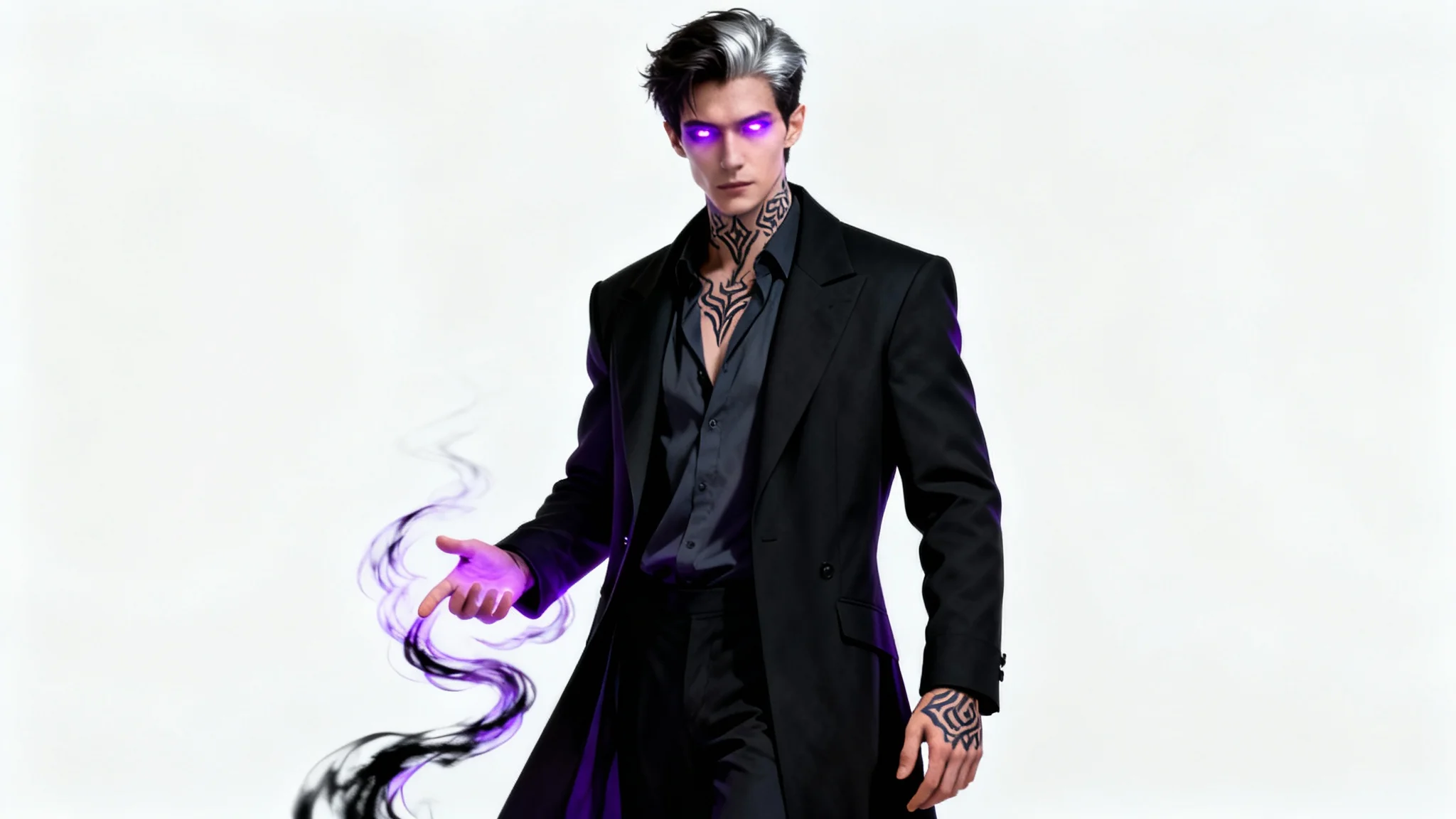 A full-body portrait of a modern supernatural warlock on a white background. He has glowing purple eyes, dark arcane tattoos, and is manipulating shadowy purple energy with his hand.