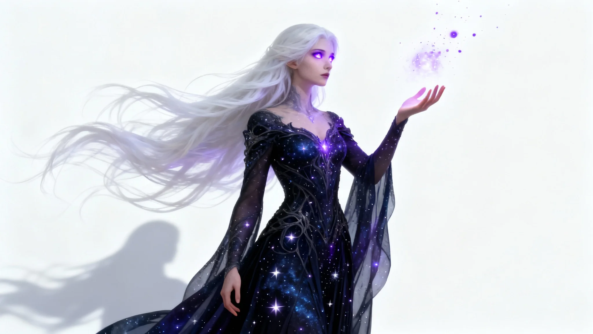A full-body photorealistic image of a supernatural woman with flowing white hair and glowing violet eyes, conjuring purple energy in her hand against a solid white background.