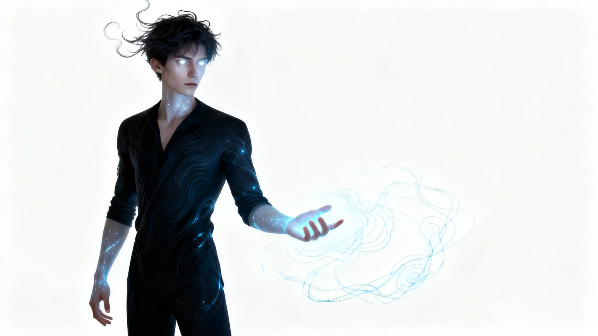 A photorealistic mockup of a supernatural male character with glowing silver eyes and luminous blue energy around his fingertips, standing against a plain white background.