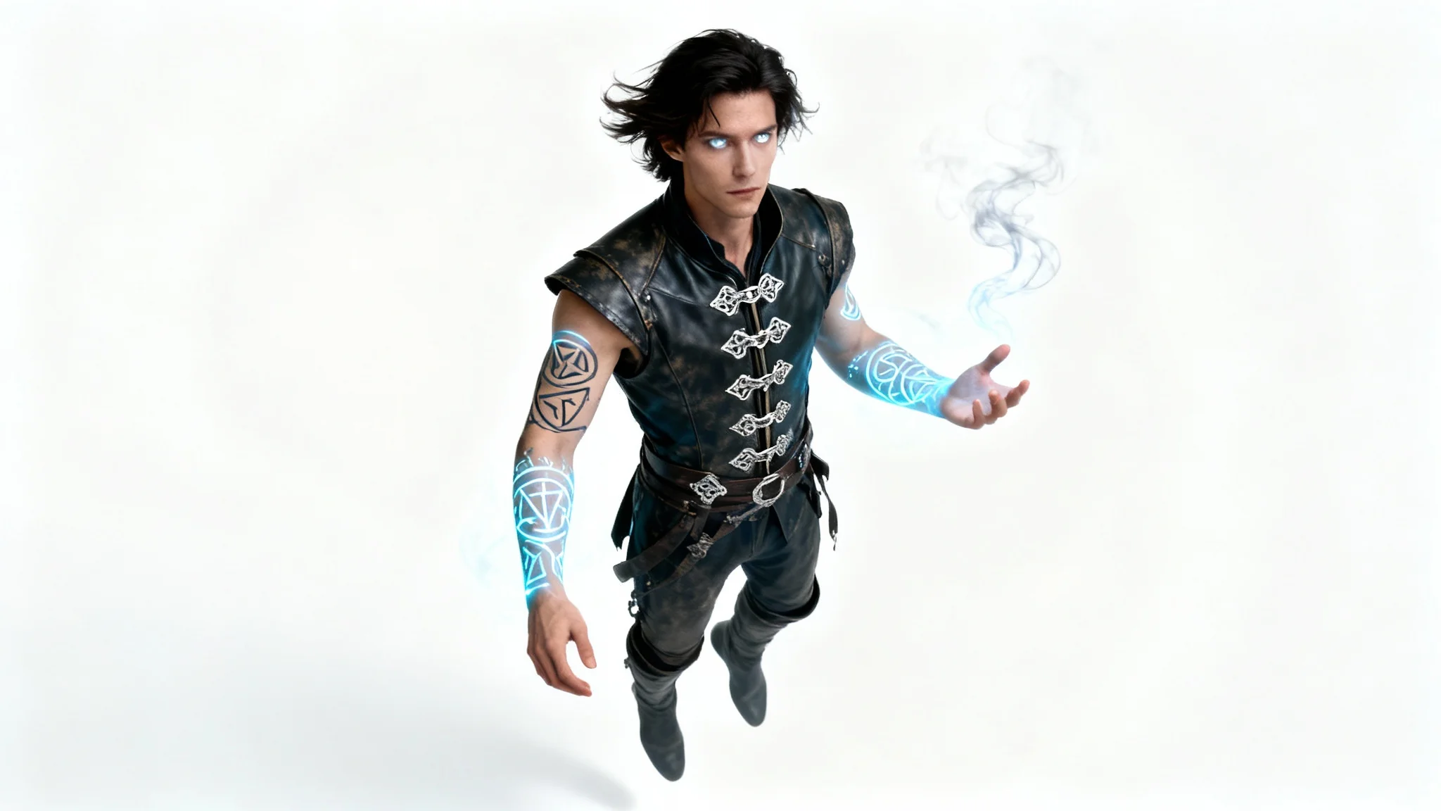 A photorealistic depiction of a supernatural male character with glowing runes on his arms and silver eyes, floating against a stark white background.
