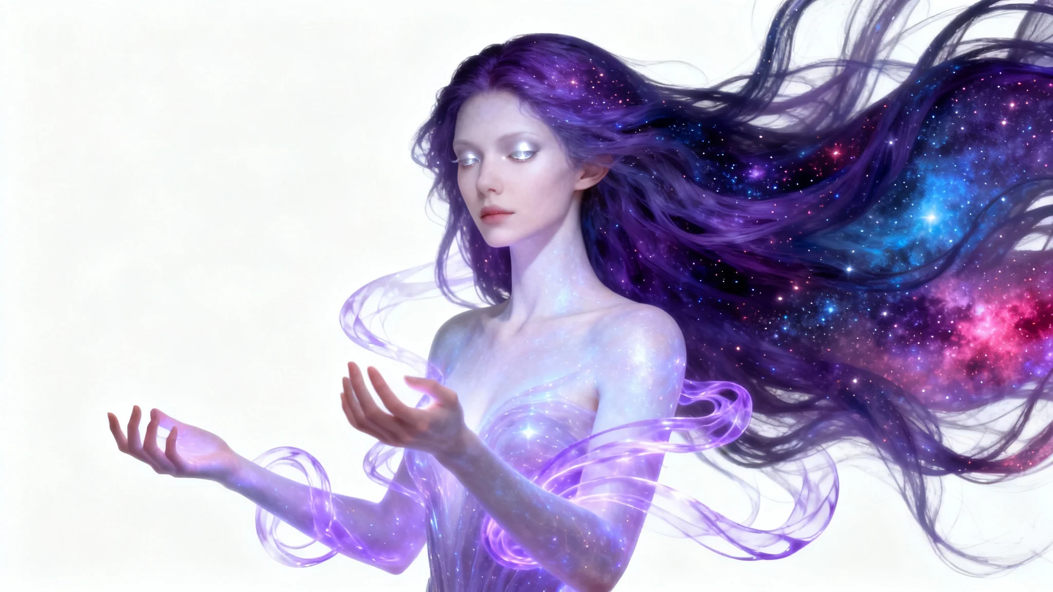 A hyper-realistic digital artwork of a supernatural woman with cosmic nebula hair and glowing silver eyes, floating against a clean white background while violet energy swirls around her.