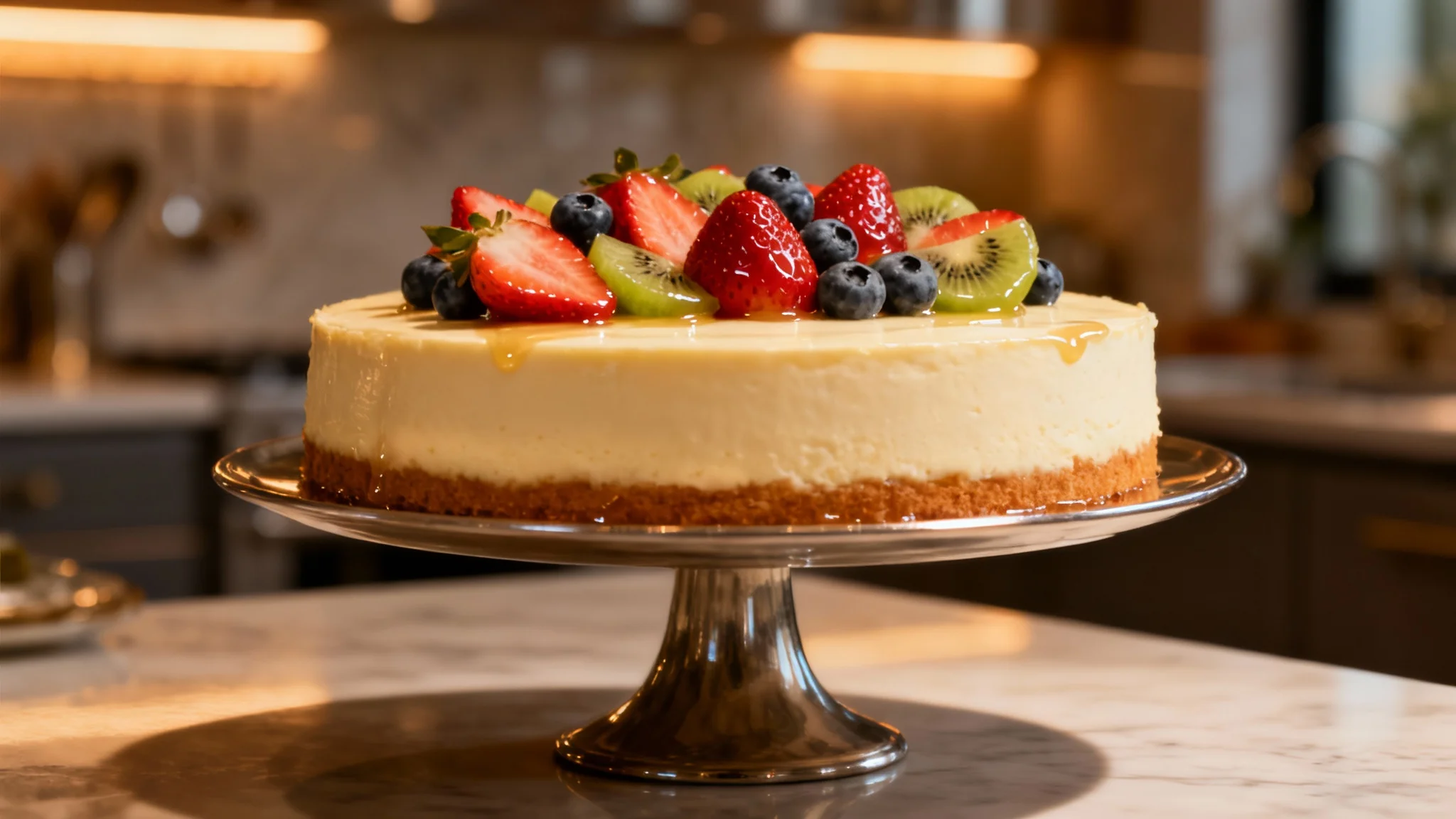 A professional, magazine-quality hero image of a delicious cheesecake topped with fresh, glossy fruit, displayed on a cake stand in a warmly lit kitchen.