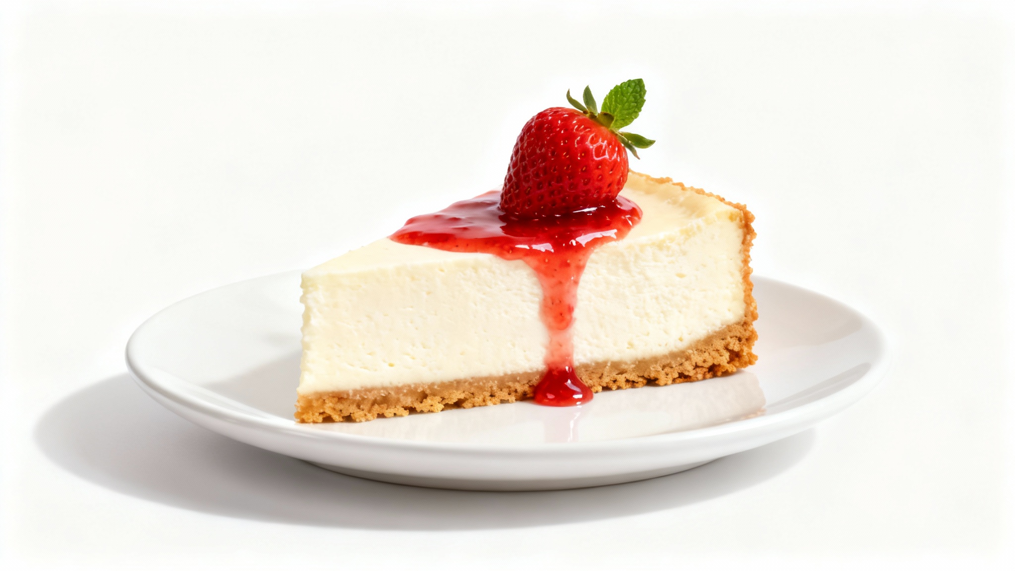 A photorealistic image of a perfect slice of New York cheesecake on a white plate, topped with strawberry sauce and a fresh mint leaf, against a clean white background.