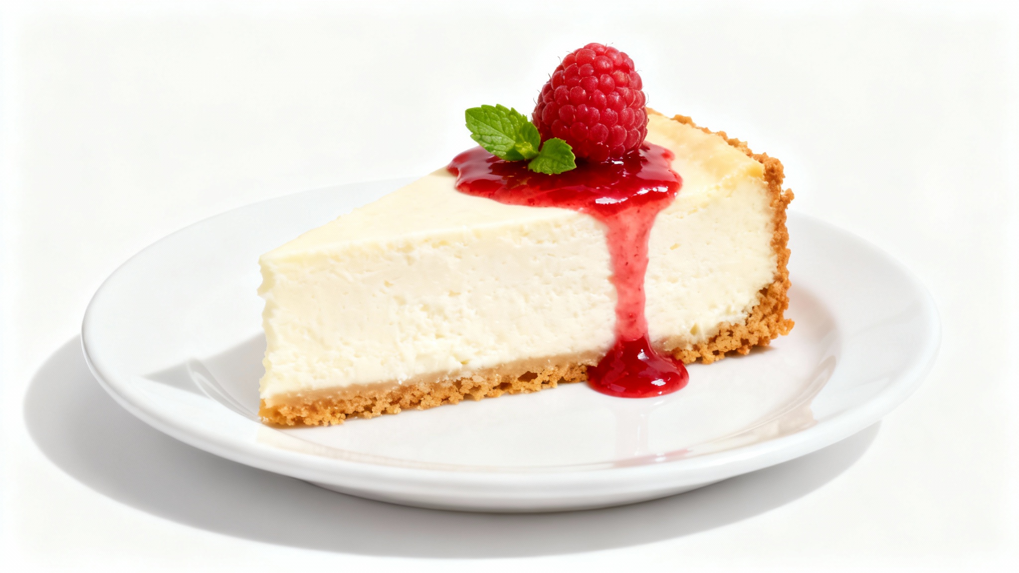 A single, perfect slice of New York cheesecake on a white plate, garnished with a raspberry coulis, a fresh raspberry, and a mint leaf, against a solid white background.