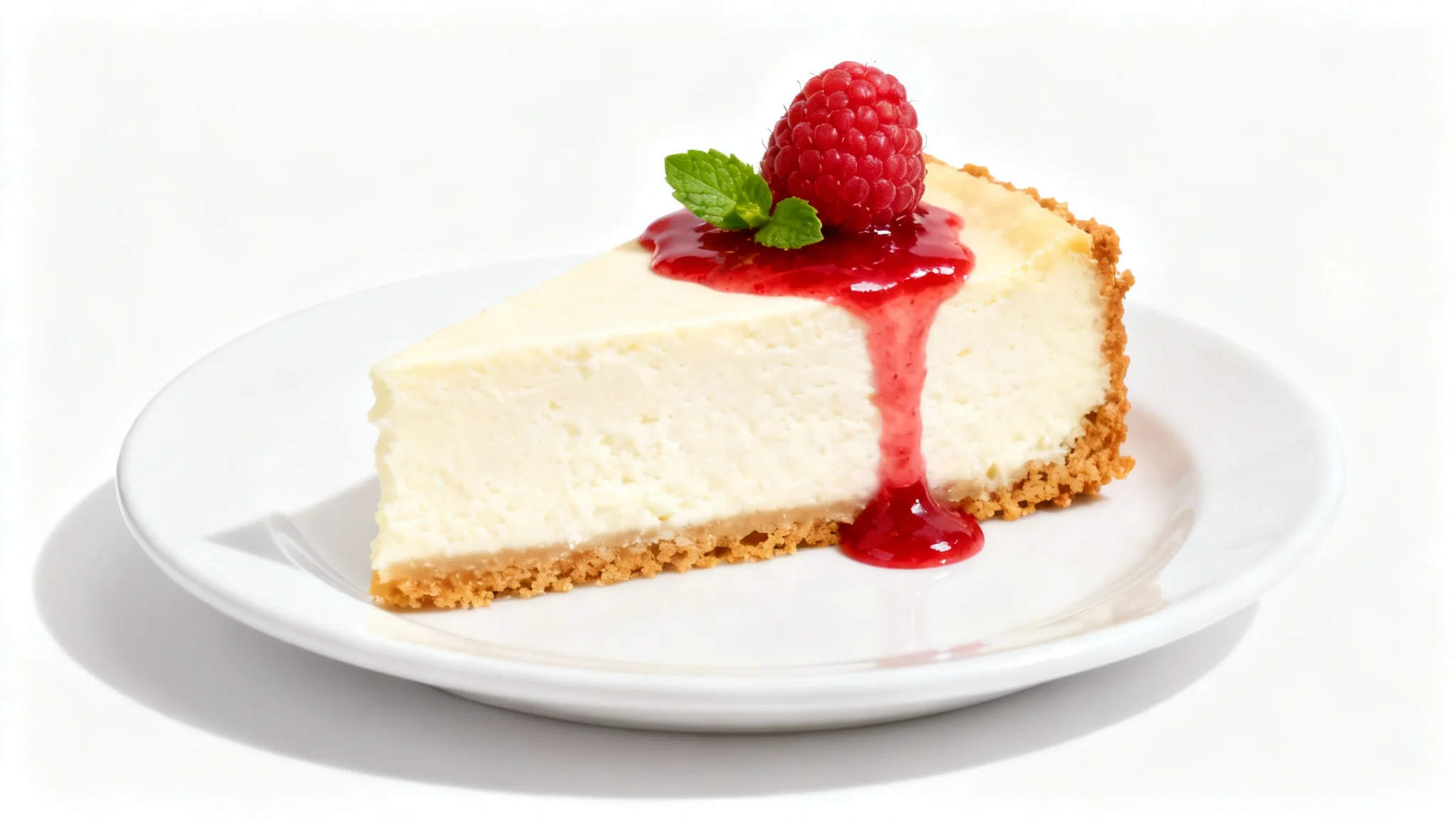 A single, perfect slice of New York cheesecake on a white plate, garnished with a raspberry coulis, a fresh raspberry, and a mint leaf, against a solid white background.