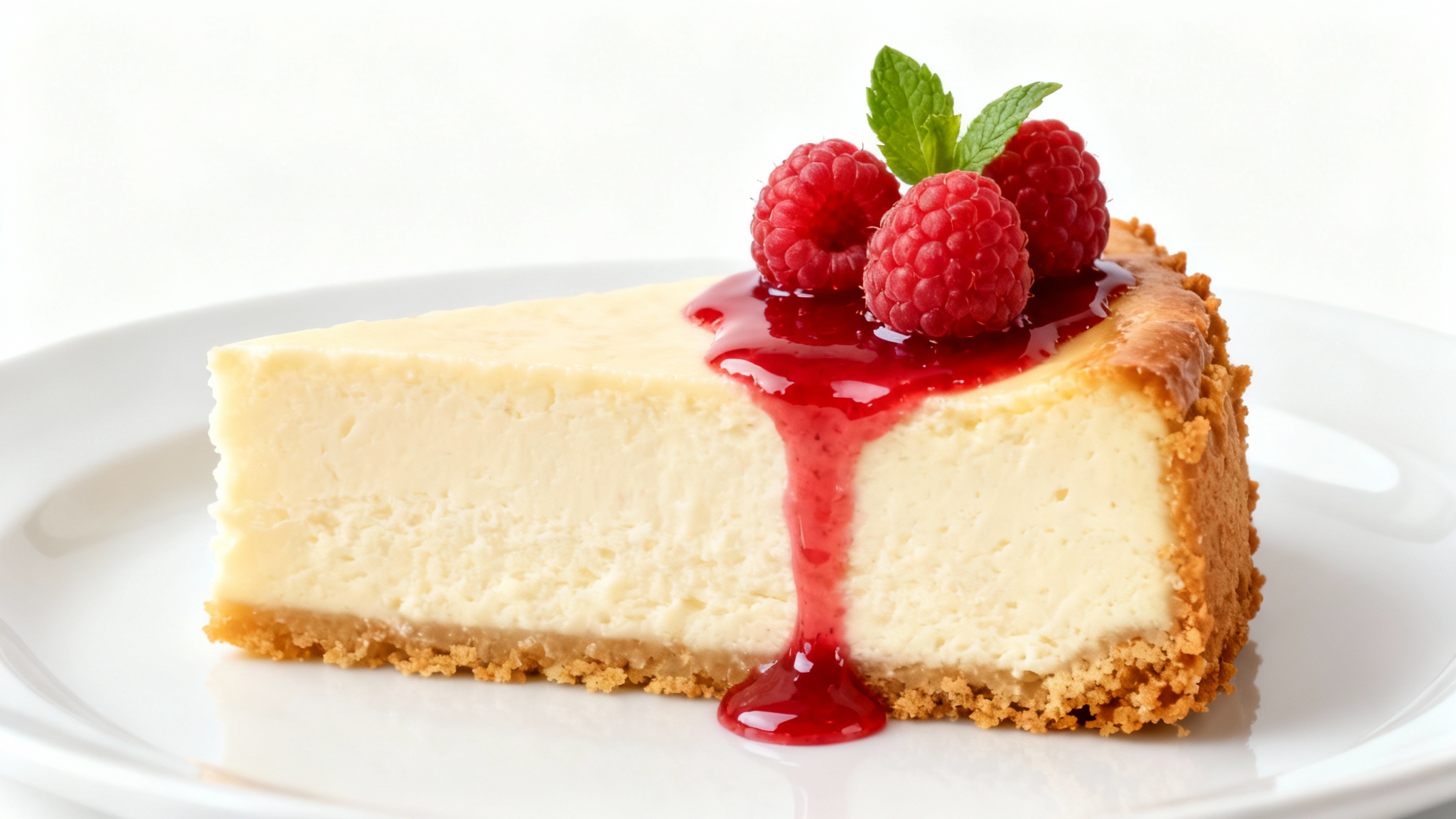 A photorealistic image of a perfect slice of New York cheesecake on a white plate, topped with a glistening raspberry sauce, fresh raspberries, and a mint leaf, set against a clean white background.