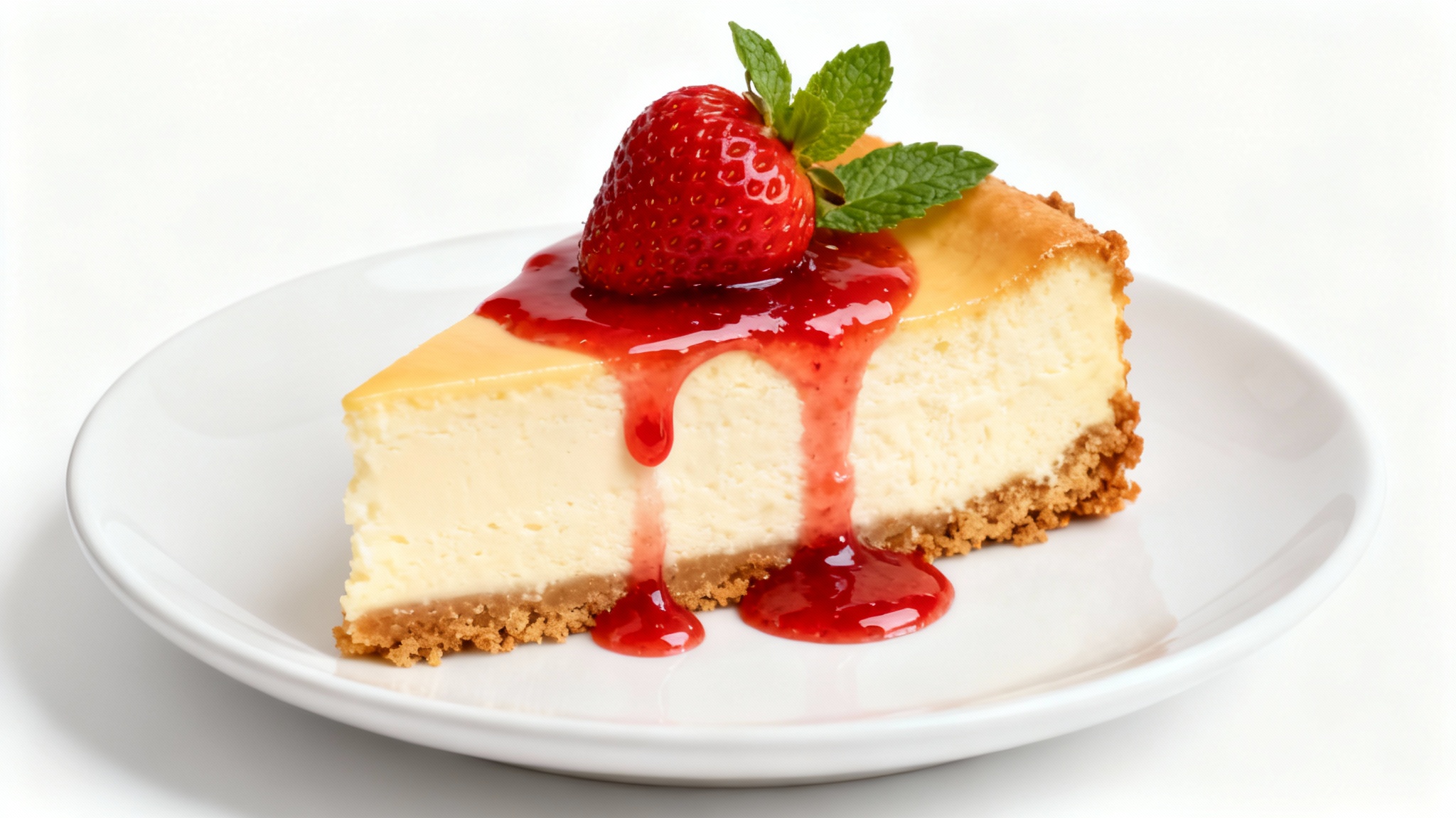 A delicious-looking slice of New York cheesecake on a white plate, topped with strawberry sauce and a fresh mint leaf, set against a clean white background.