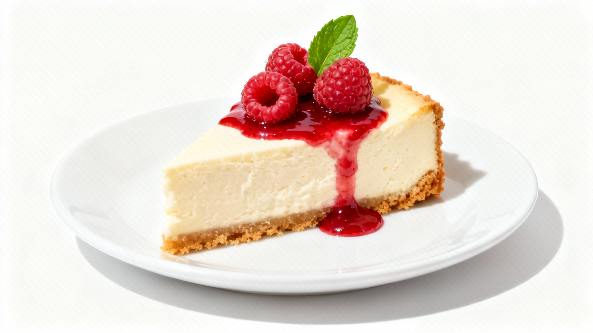 A delicious-looking slice of New York cheesecake on a white plate, topped with raspberry sauce, fresh raspberries, and a mint leaf, against a clean white background.