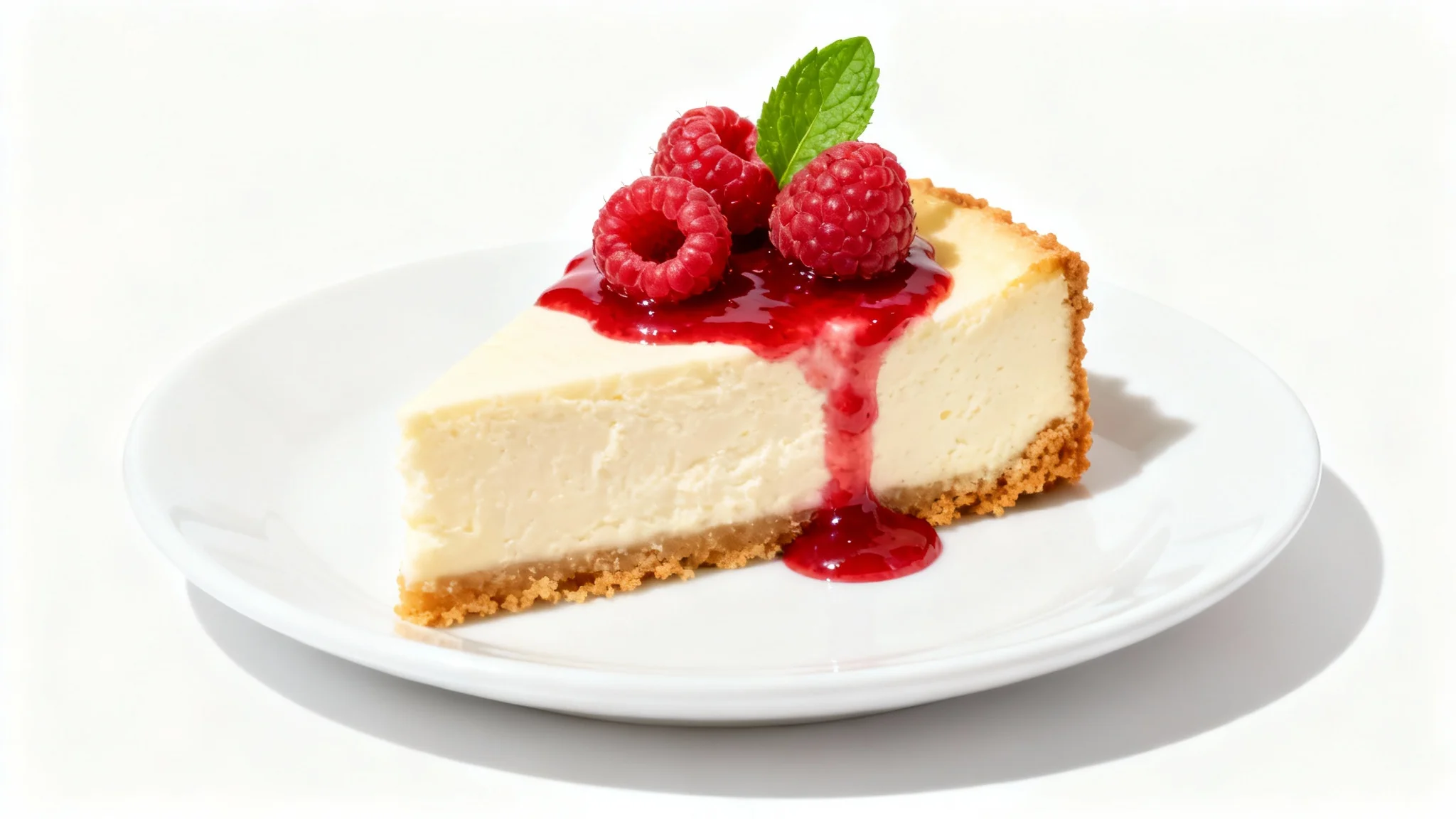 A delicious-looking slice of New York cheesecake on a white plate, topped with raspberry sauce, fresh raspberries, and a mint leaf, against a clean white background.