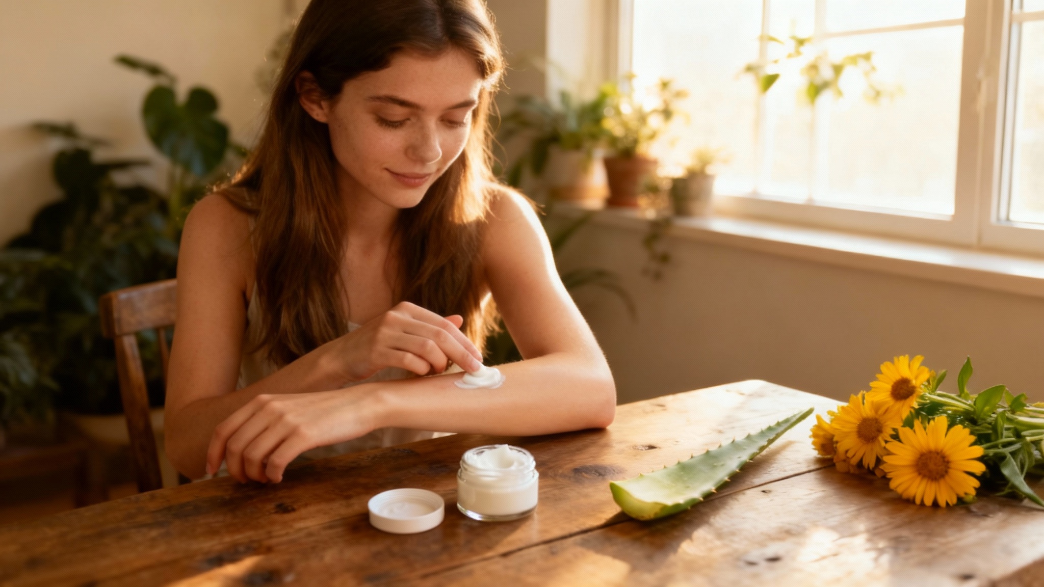 A young woman sitting at a wooden table in a softly lit room, smiling as she looks at her forearm, which shows clear, unblemished skin after a bruise has been digitally removed.