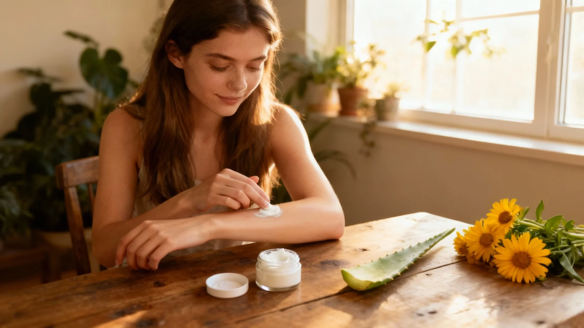 A young woman sitting at a wooden table in a softly lit room, smiling as she looks at her forearm, which shows clear, unblemished skin after a bruise has been digitally removed.