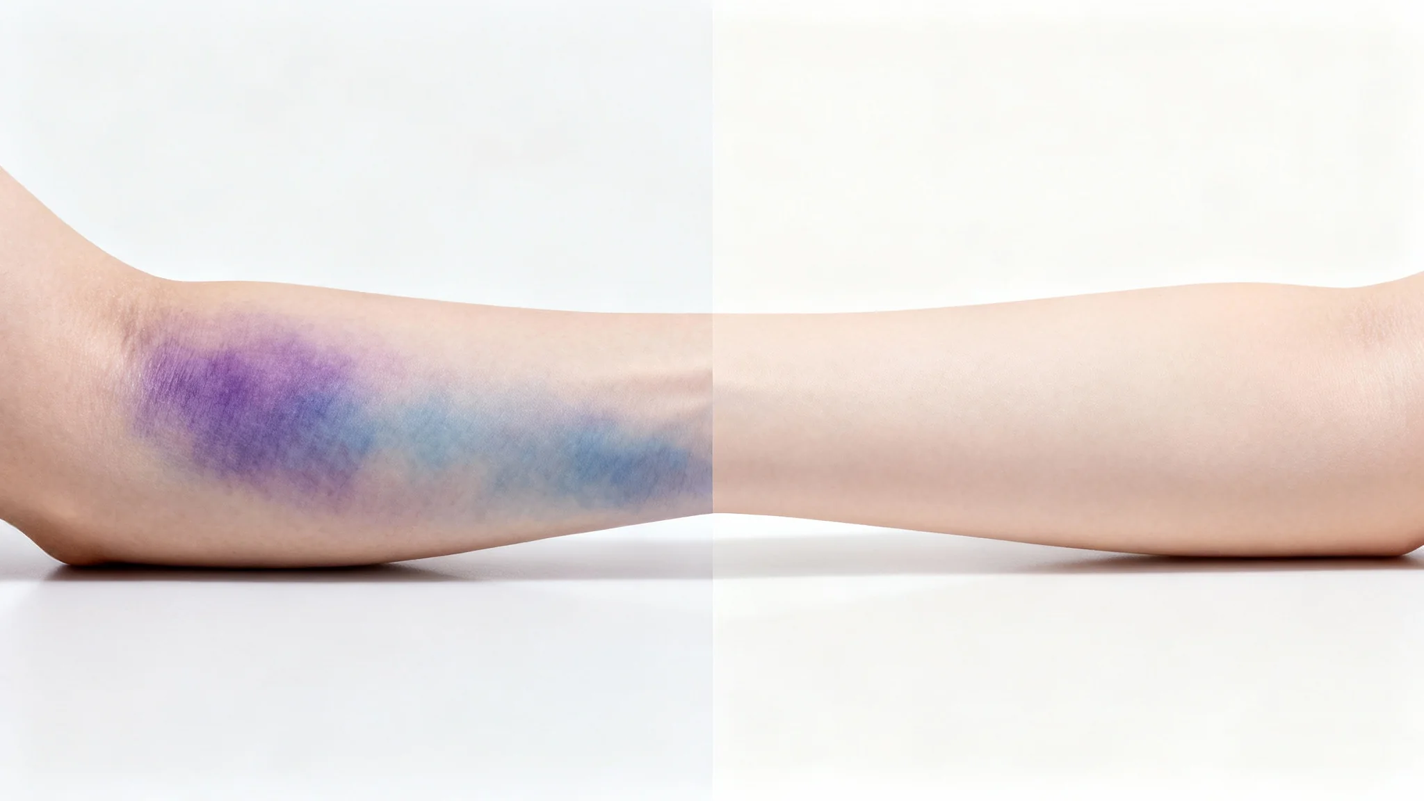 A before-and-after comparison image showing a forearm with a prominent bruise on the left side, and the same forearm with clear, healthy skin on the right, demonstrating a bruise removal effect.