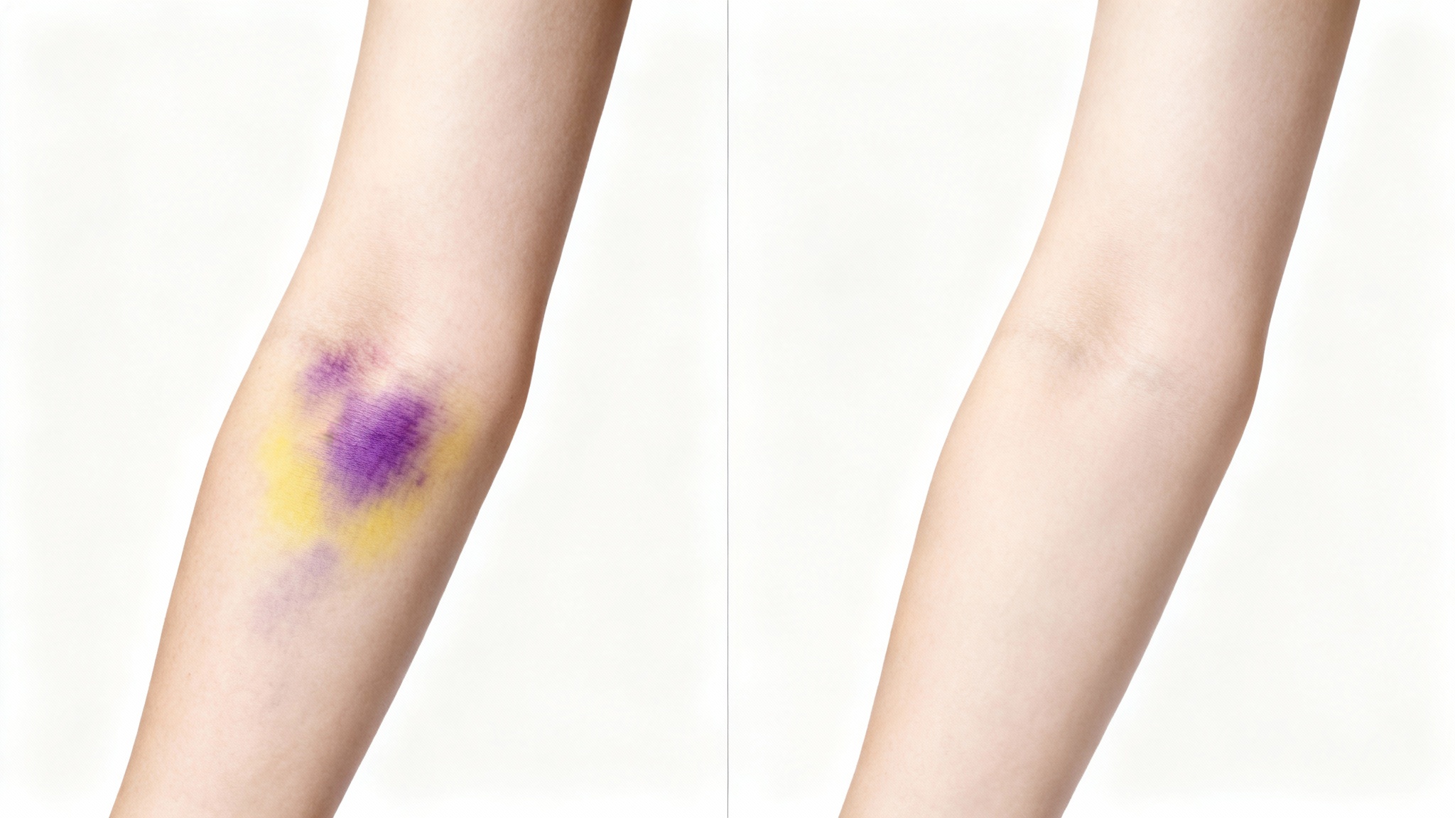 A before-and-after comparison image showing a close-up of an arm with a bruise on the left side, and the same arm with clear, healed skin on the right side, against a white background.