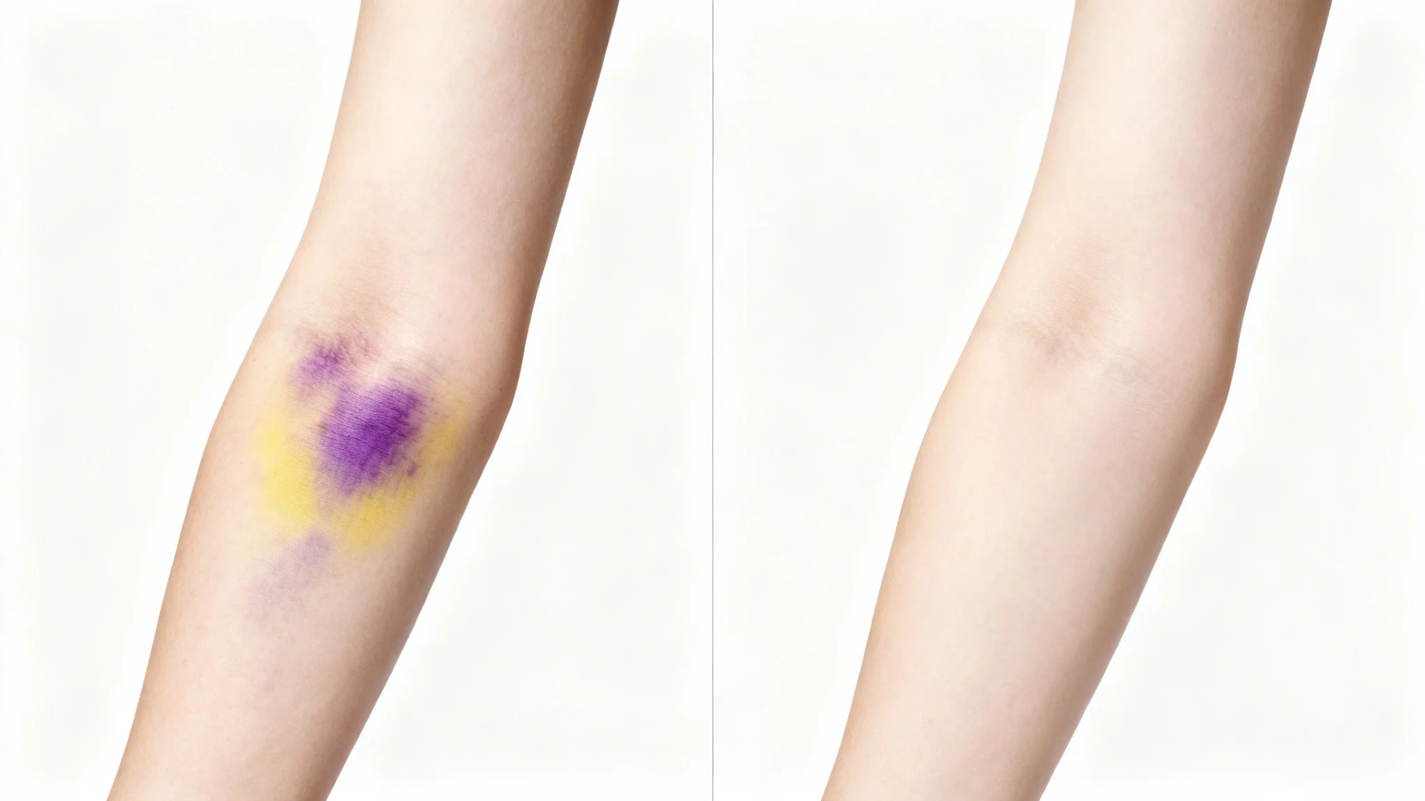 A before-and-after comparison image showing a close-up of an arm with a bruise on the left side, and the same arm with clear, healed skin on the right side, against a white background.