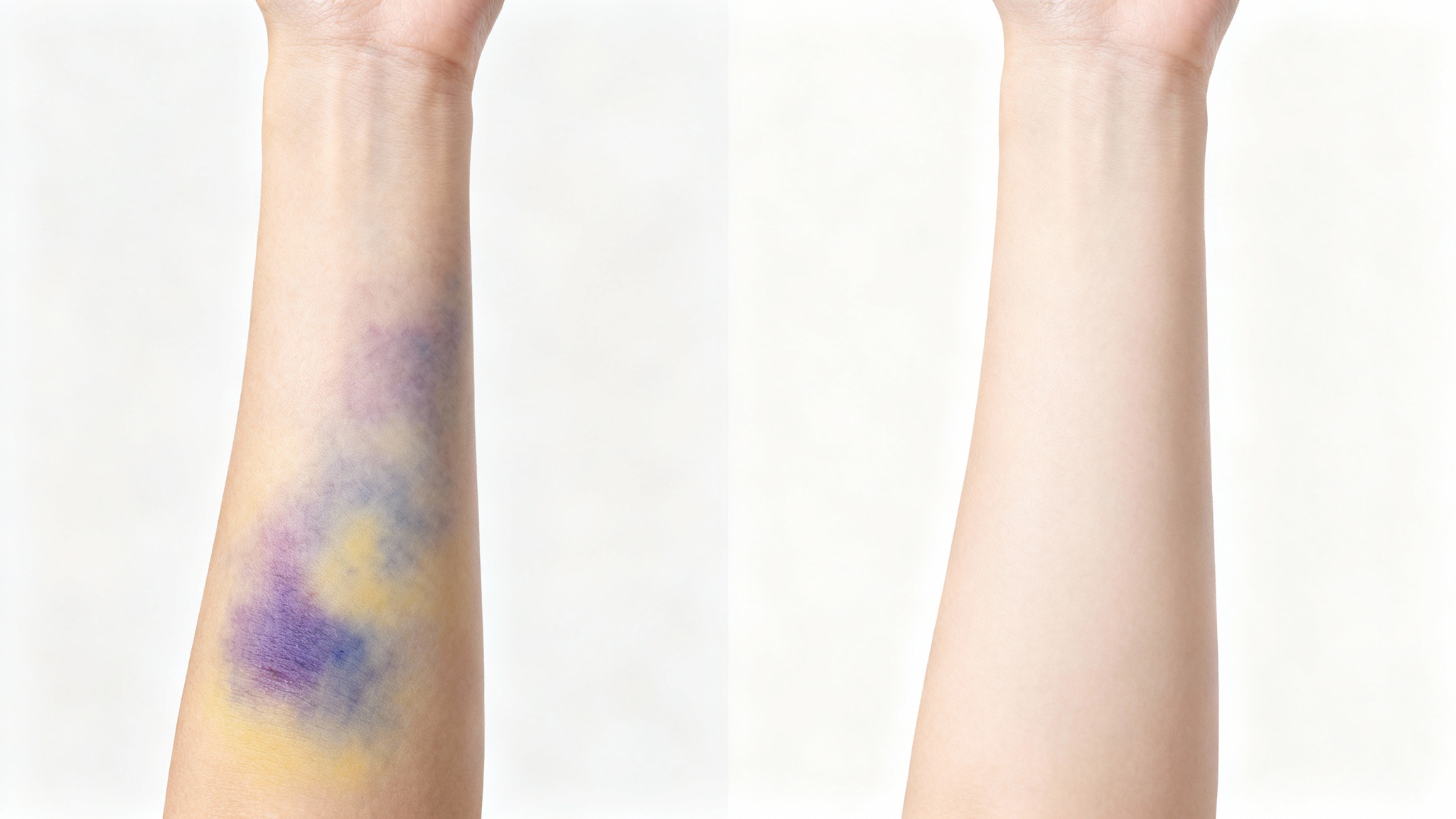 A before-and-after image demonstrating a bruise removal feature. The left half shows a forearm with a visible bruise, while the right half shows the same arm with clear, unblemished skin.