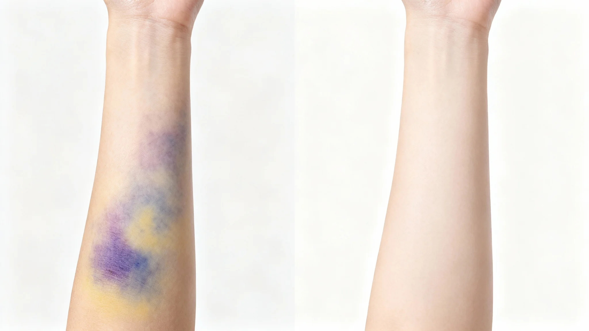 A before-and-after image demonstrating a bruise removal feature. The left half shows a forearm with a visible bruise, while the right half shows the same arm with clear, unblemished skin.
