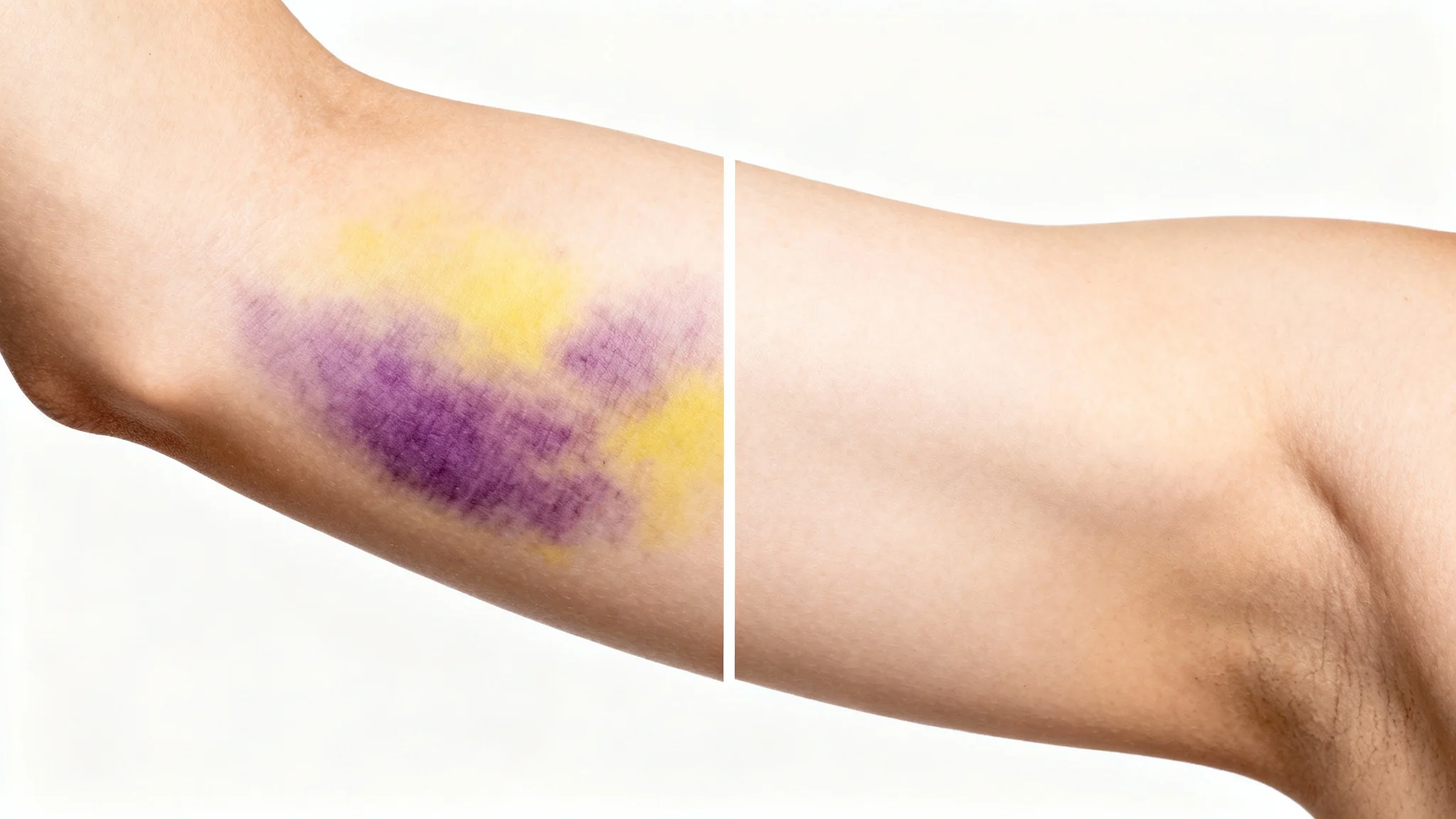 A conceptual image showing an arm split in half: the left side has a noticeable bruise, and the right side is clear, unblemished skin, demonstrating the effect of bruise removal.
