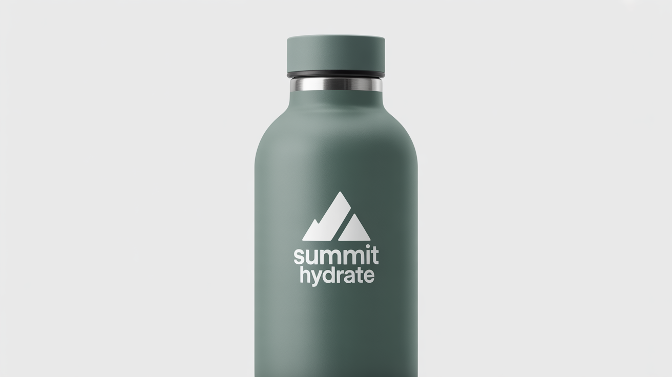 A professional product mockup of a sage green water bottle with a minimalist white logo featuring a mountain and the words 'Summit Hydrate', set against a clean white background.