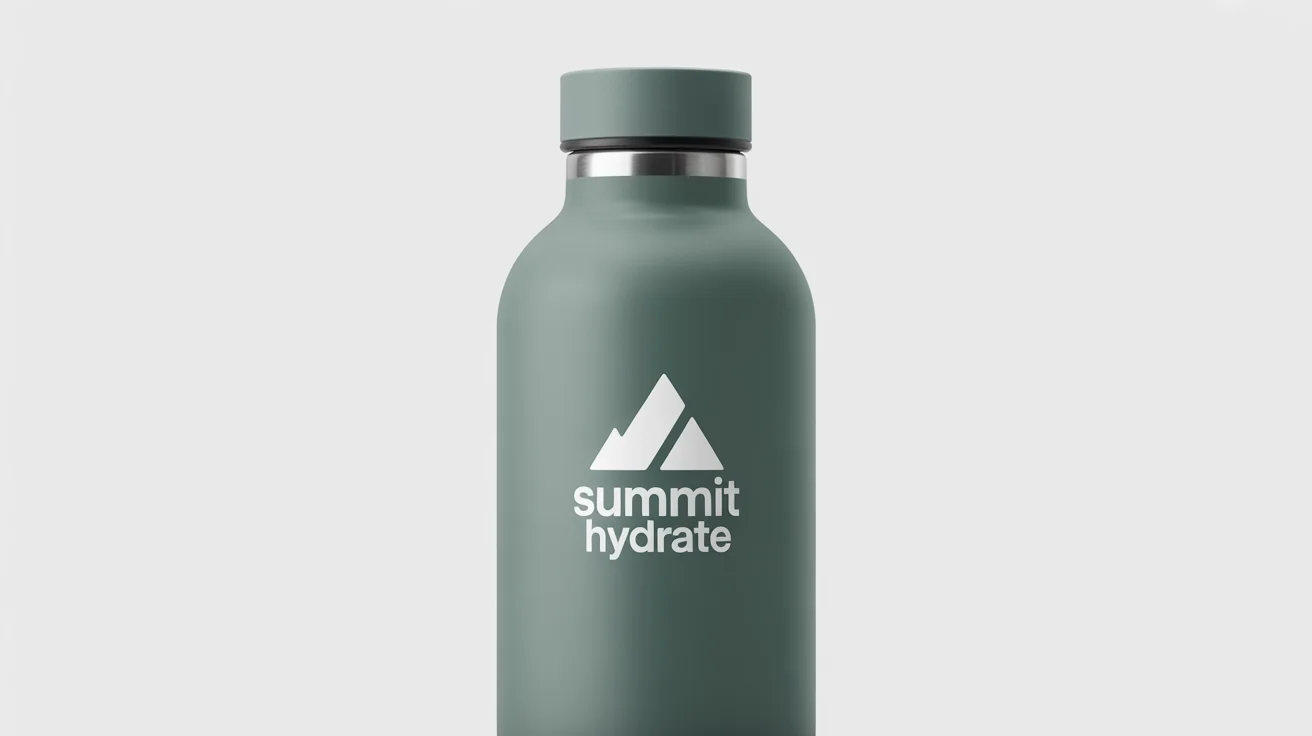 A professional product mockup of a sage green water bottle with a minimalist white logo featuring a mountain and the words 'Summit Hydrate', set against a clean white background.