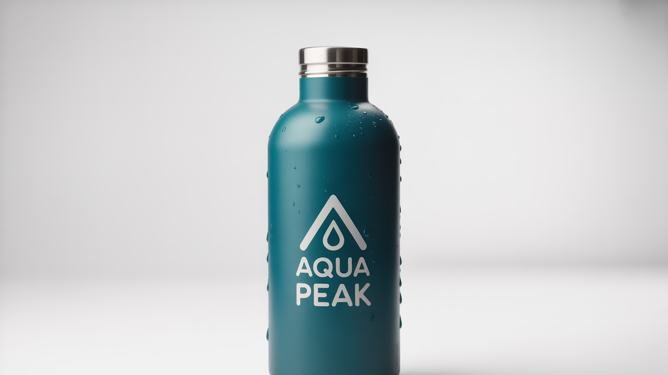 A sleek, matte teal water bottle with condensation on it, featuring a minimalist logo of a mountain and a water droplet with the text 'Aqua Peak'.
