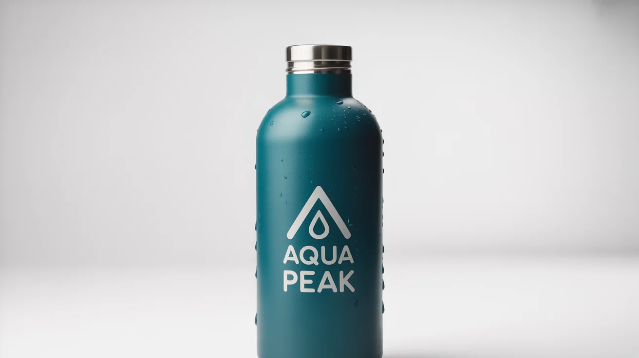 A sleek, matte teal water bottle with condensation on it, featuring a minimalist logo of a mountain and a water droplet with the text 'Aqua Peak'.