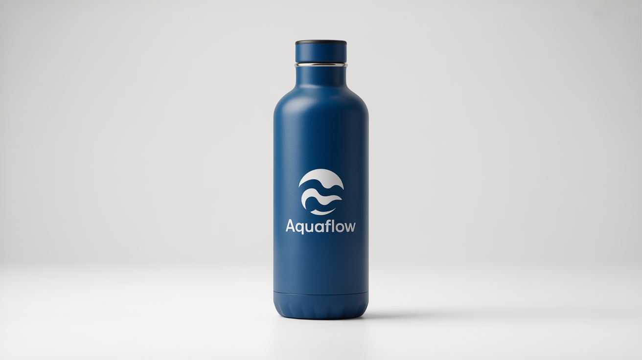 A product mockup of a navy blue stainless steel water bottle with a white minimalist wave logo and the brand name 'AquaFlow', set against a plain white background.