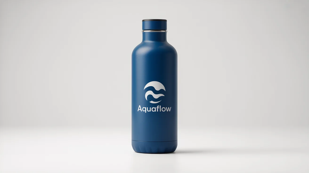 A product mockup of a navy blue stainless steel water bottle with a white minimalist wave logo and the brand name 'AquaFlow', set against a plain white background.