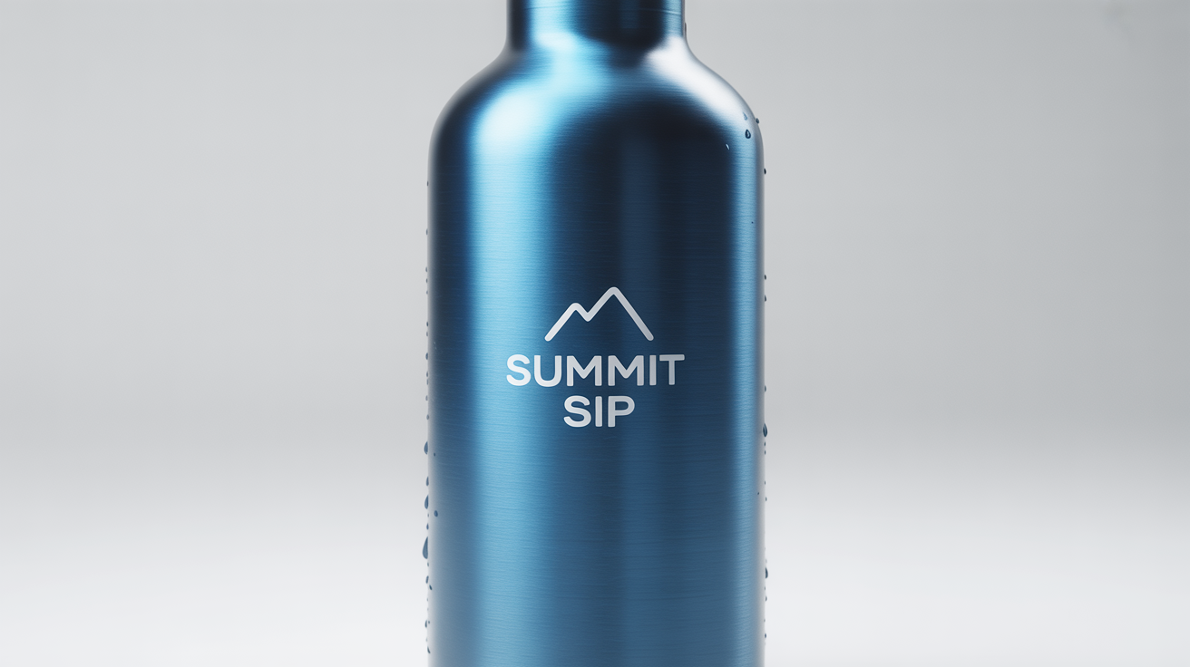 A mockup of a matte blue stainless steel water bottle with a white logo featuring a mountain icon and the text 'Summit Sip', set against a plain white background.