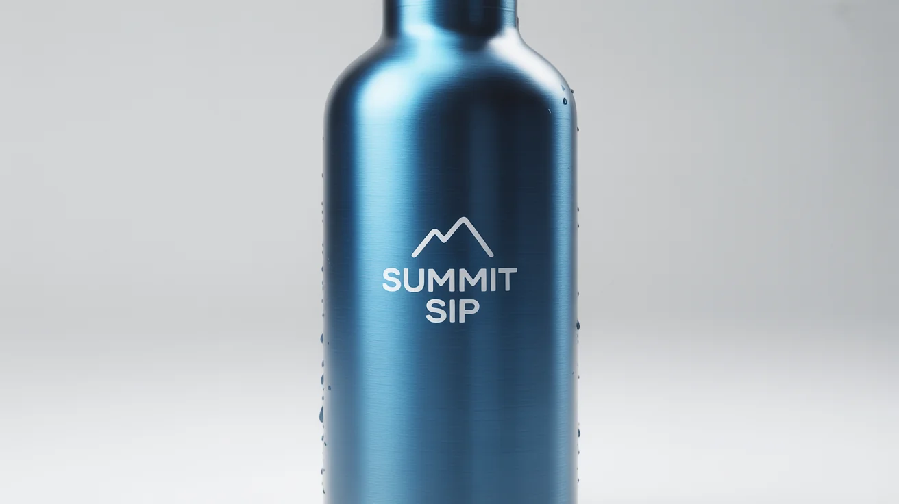 A mockup of a matte blue stainless steel water bottle with a white logo featuring a mountain icon and the text 'Summit Sip', set against a plain white background.