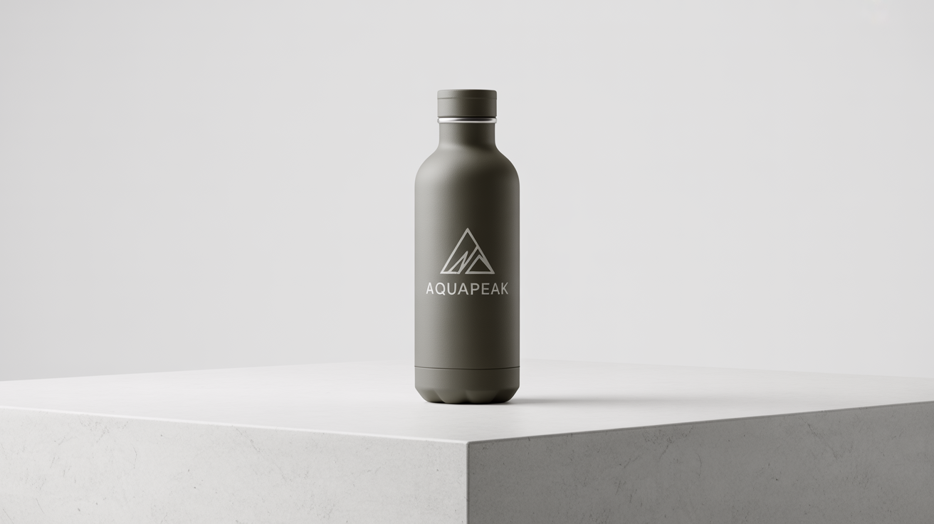 A photorealistic mockup of a matte gray reusable water bottle featuring a professionally designed logo for the brand 'AquaPeak', set against a clean white background.