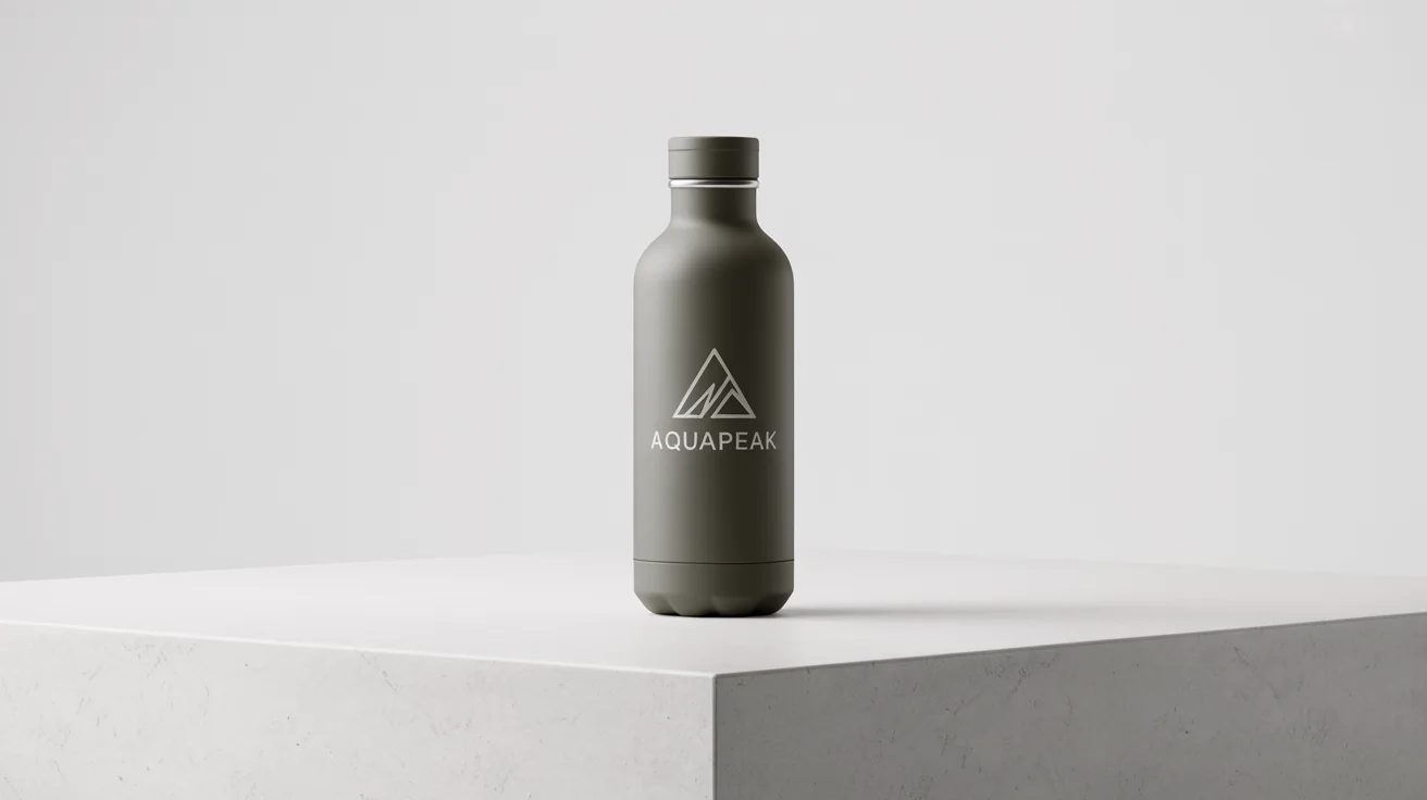 A photorealistic mockup of a matte gray reusable water bottle featuring a professionally designed logo for the brand 'AquaPeak', set against a clean white background.