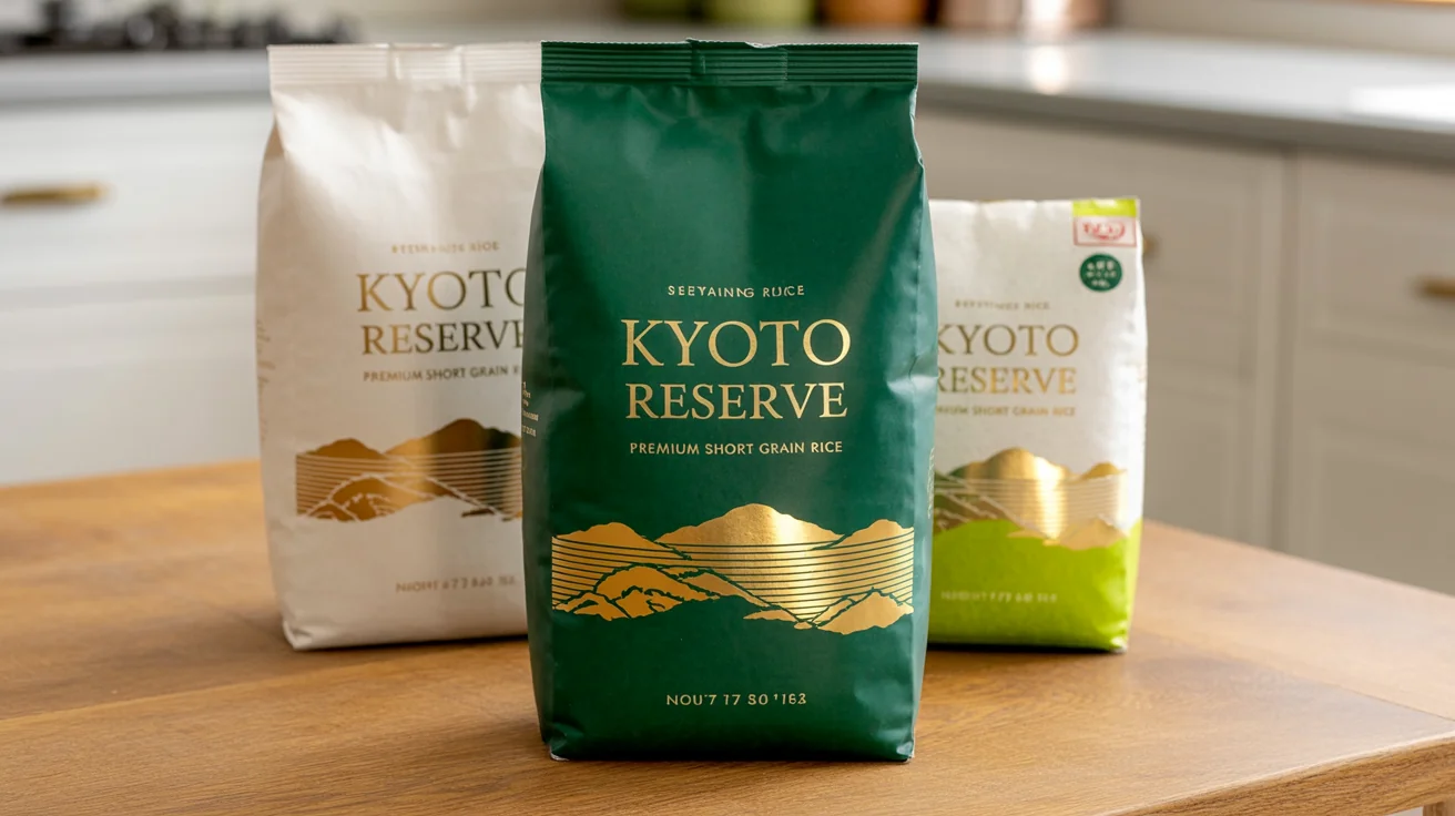 A collection of professionally designed rice bags for 'Kyoto Reserve' brand, showcased in a clean studio setting as the final result of a design template.
