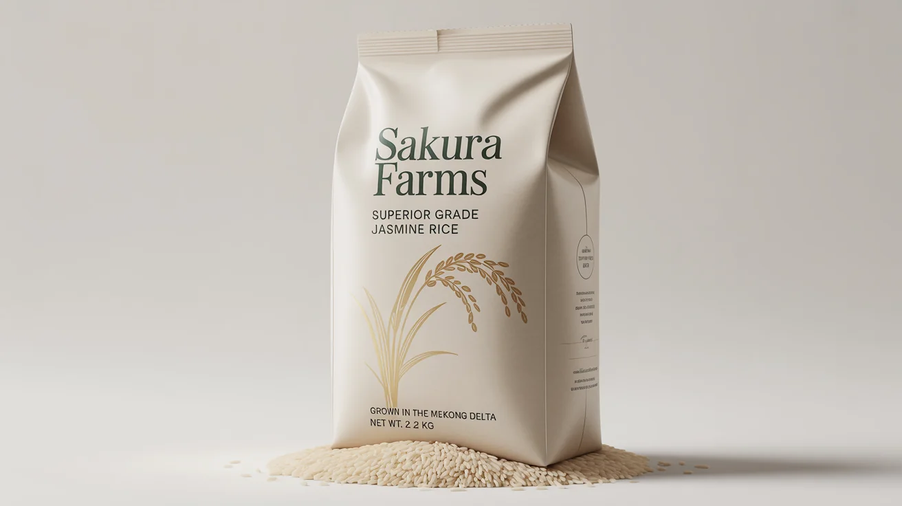 A professional mockup of a modern, white rice bag labeled 'Sakura Farms Superior Grade Jasmine Rice', featuring a gold rice stalk illustration, set against a clean white background.