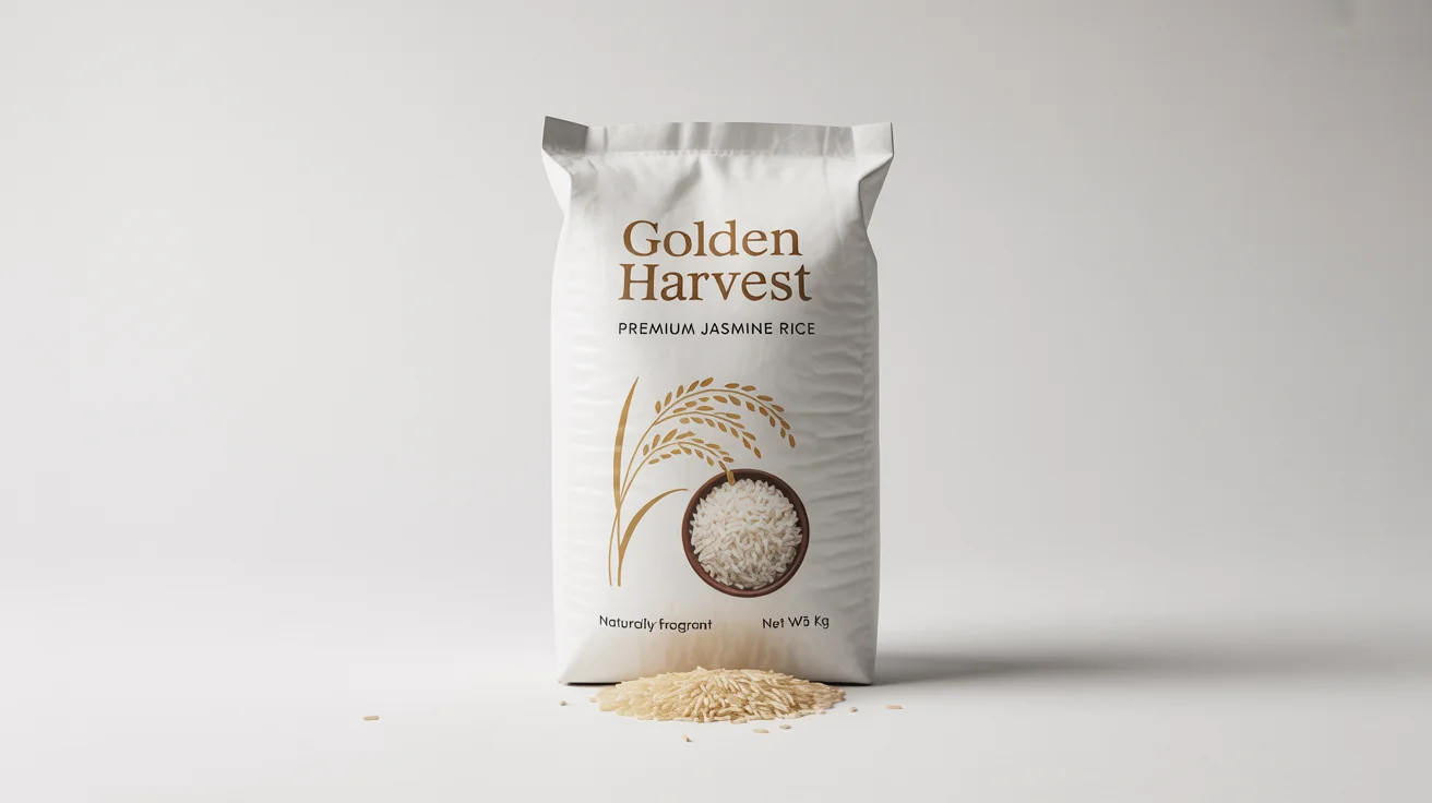 A professionally designed bag of 'Golden Harvest' premium jasmine rice, featuring a gold and white design, standing against a clean white background.