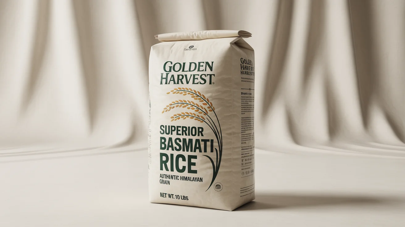 A professional product mockup of a premium 'Golden Harvest' basmati rice bag, featuring a minimalist design with golden rice stalk illustrations, shown against a plain white background.