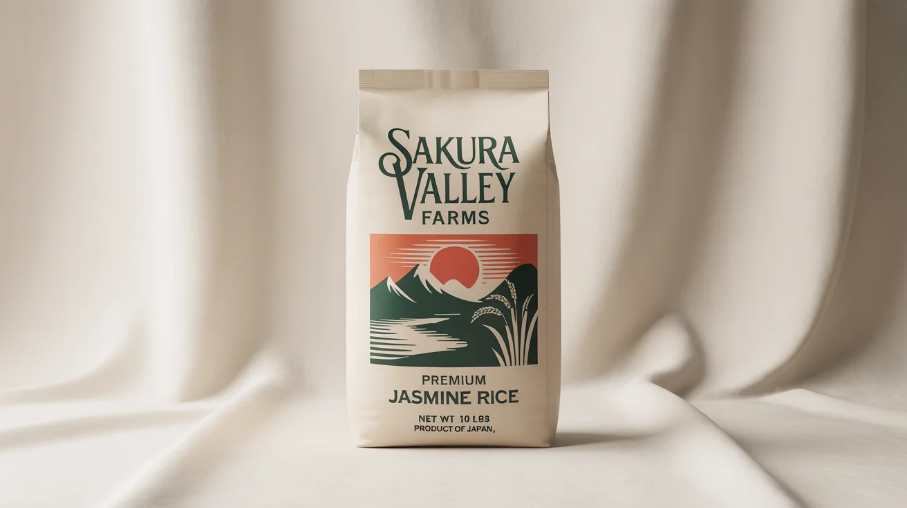 A professionally designed mockup of a premium rice bag from 'Sakura Valley Farms', featuring minimalist art of a mountain and sun, on a clean white background.