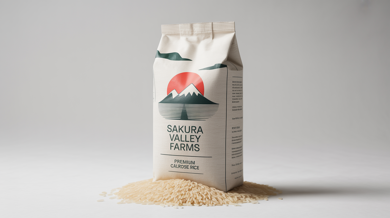 A photorealistic mockup of a 'Sakura Valley Farms' premium calrose rice bag, standing on a clean white background with a small pile of rice at its base.