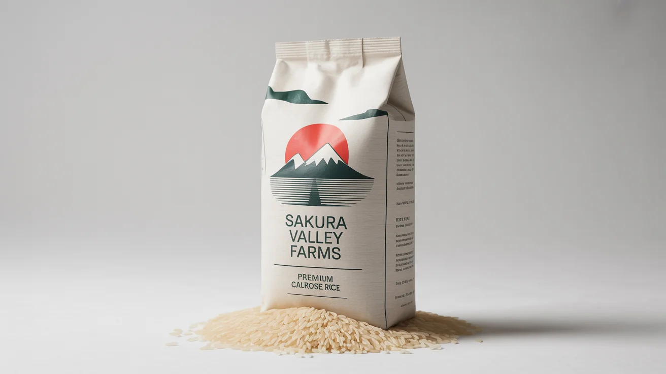 A photorealistic mockup of a 'Sakura Valley Farms' premium calrose rice bag, standing on a clean white background with a small pile of rice at its base.