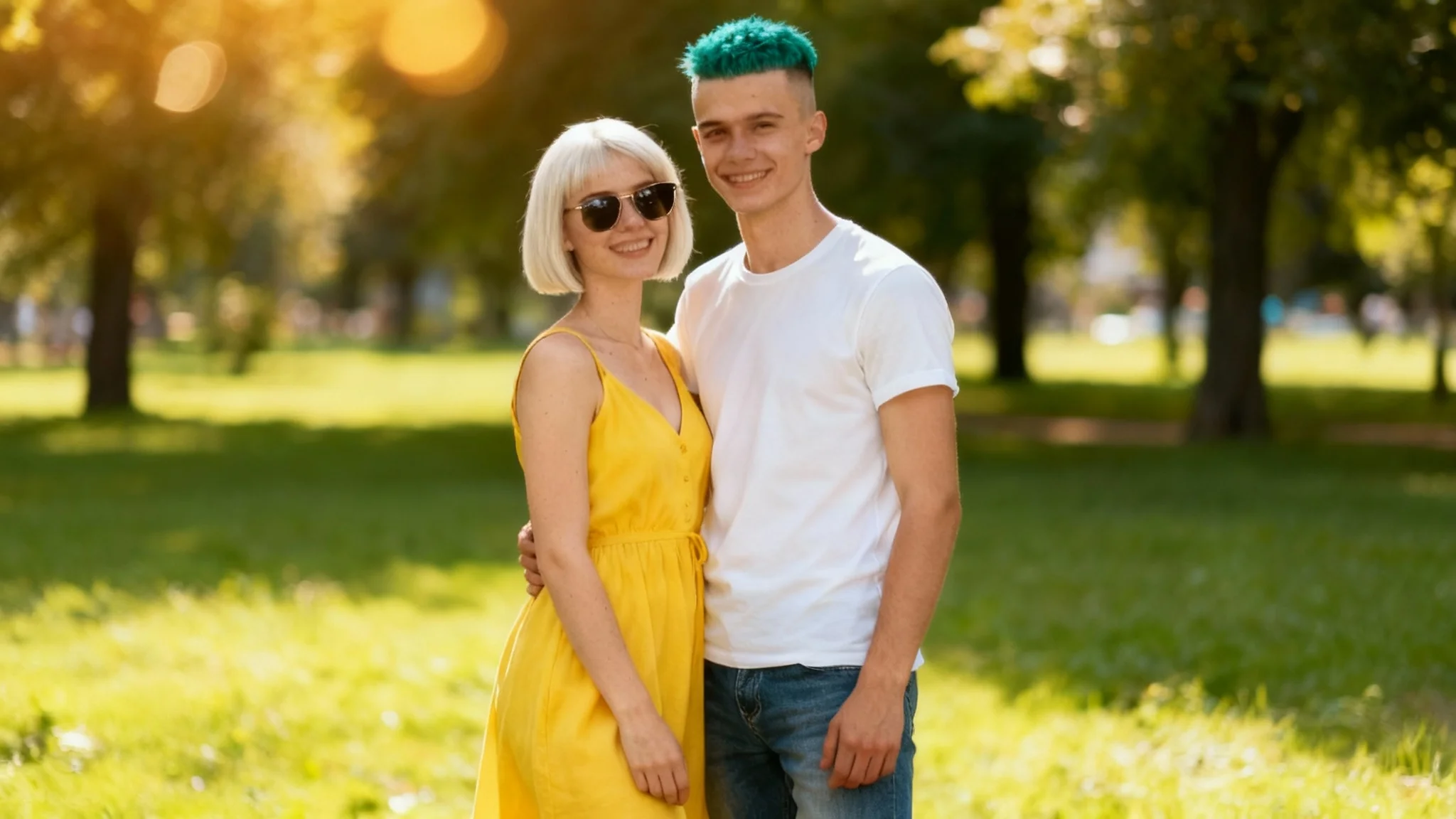 A young woman with a short platinum blonde bob and a young man with a teal-colored textured crop hairstyle smiling in a sunny park, showcasing a hair editor's final result.