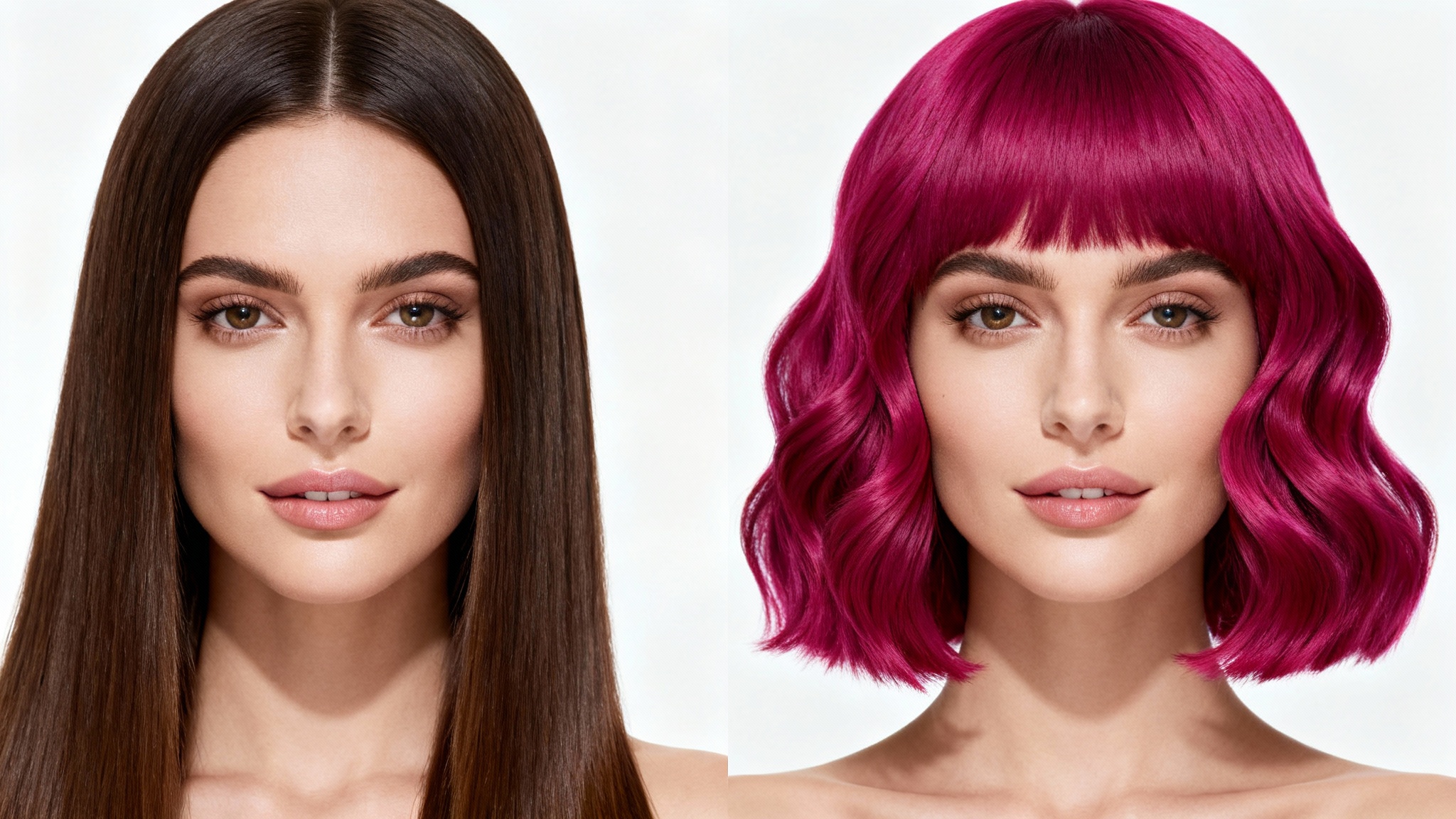 A split-screen before-and-after image of a woman. The left panel shows her with long, straight brown hair, and the right panel shows her with a short, wavy magenta bob.
